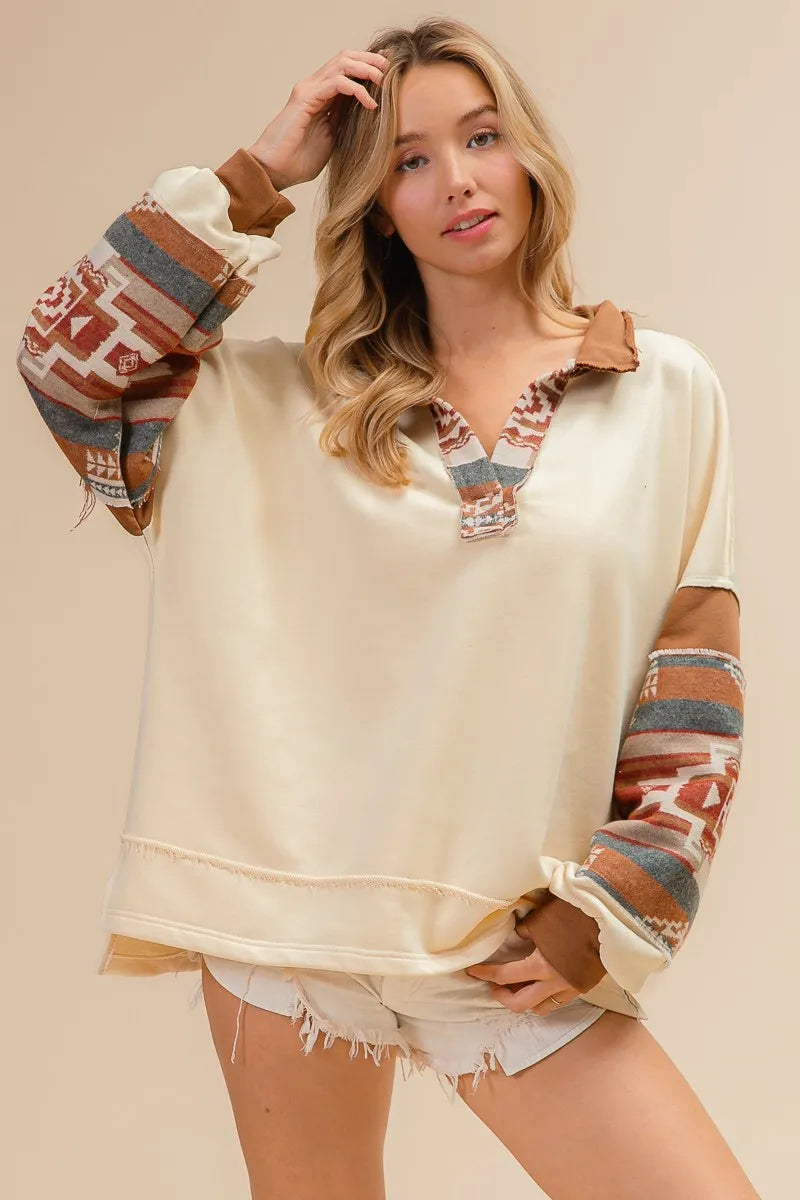 BiBi French Terry Knit and Aztec Print Mixed Top - Stylish Women's Casual Blouse for Everyday Wear | Perfect for Work, Weekend Outings & Date Nights