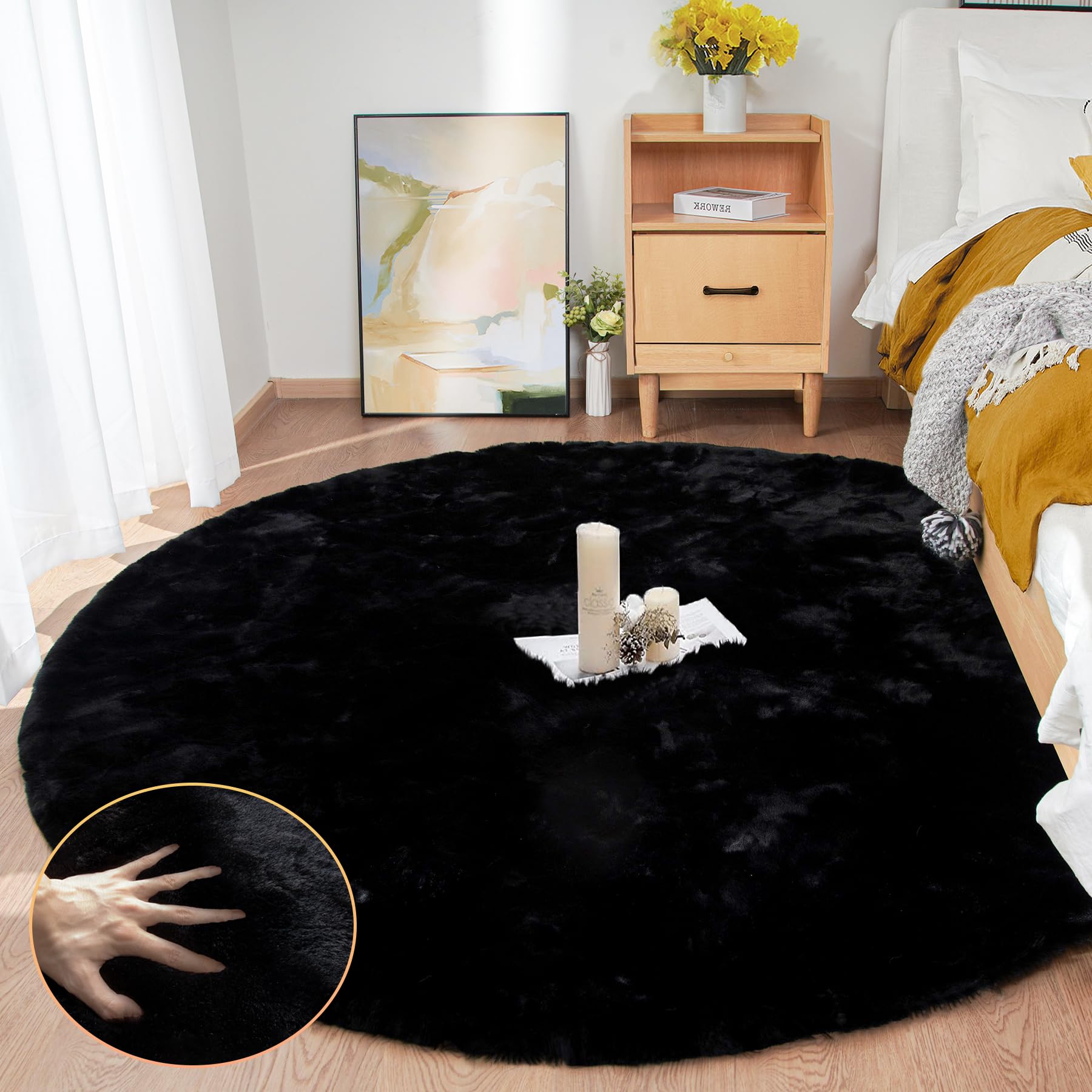 6ft Round Faux Rabbit Fur Rug - Soft Fluffy Area Rug for Bedroom, Living Room, Teen Room - Machine Washable Black Faux Fur Carpet - Perfect for Cozy Home Decor & Floor Comfort