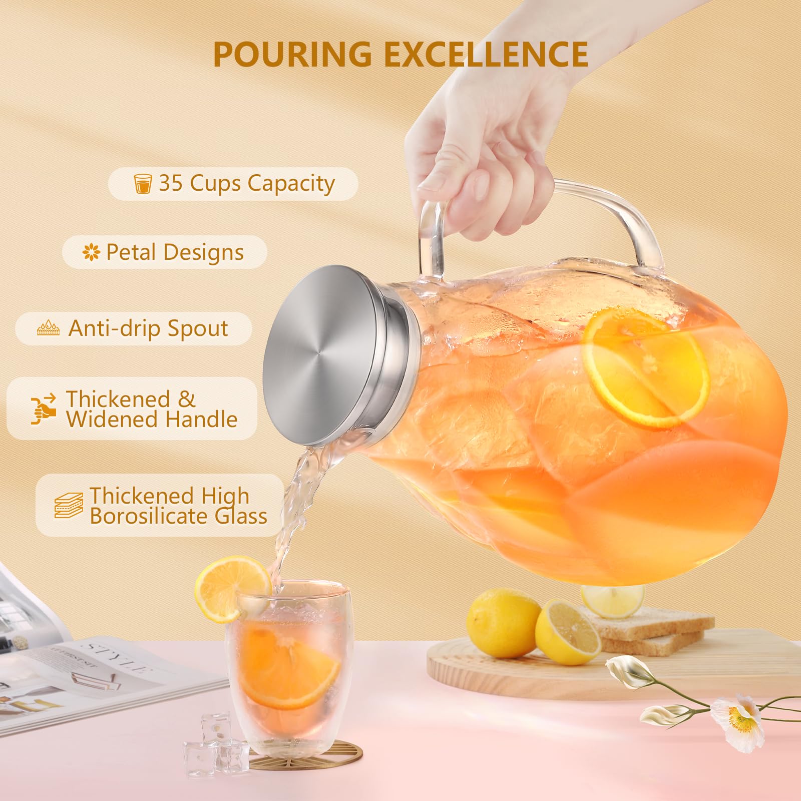 102oz Glass Pitcher with Lid - Stainless Steel Large Iced Tea Pitcher with Unique Petal Design - Lightweight Borosilicate Glass for Hot & Cold Drinks - Perfect for Iced Tea, Lemonade, Cocktails & Party Serving