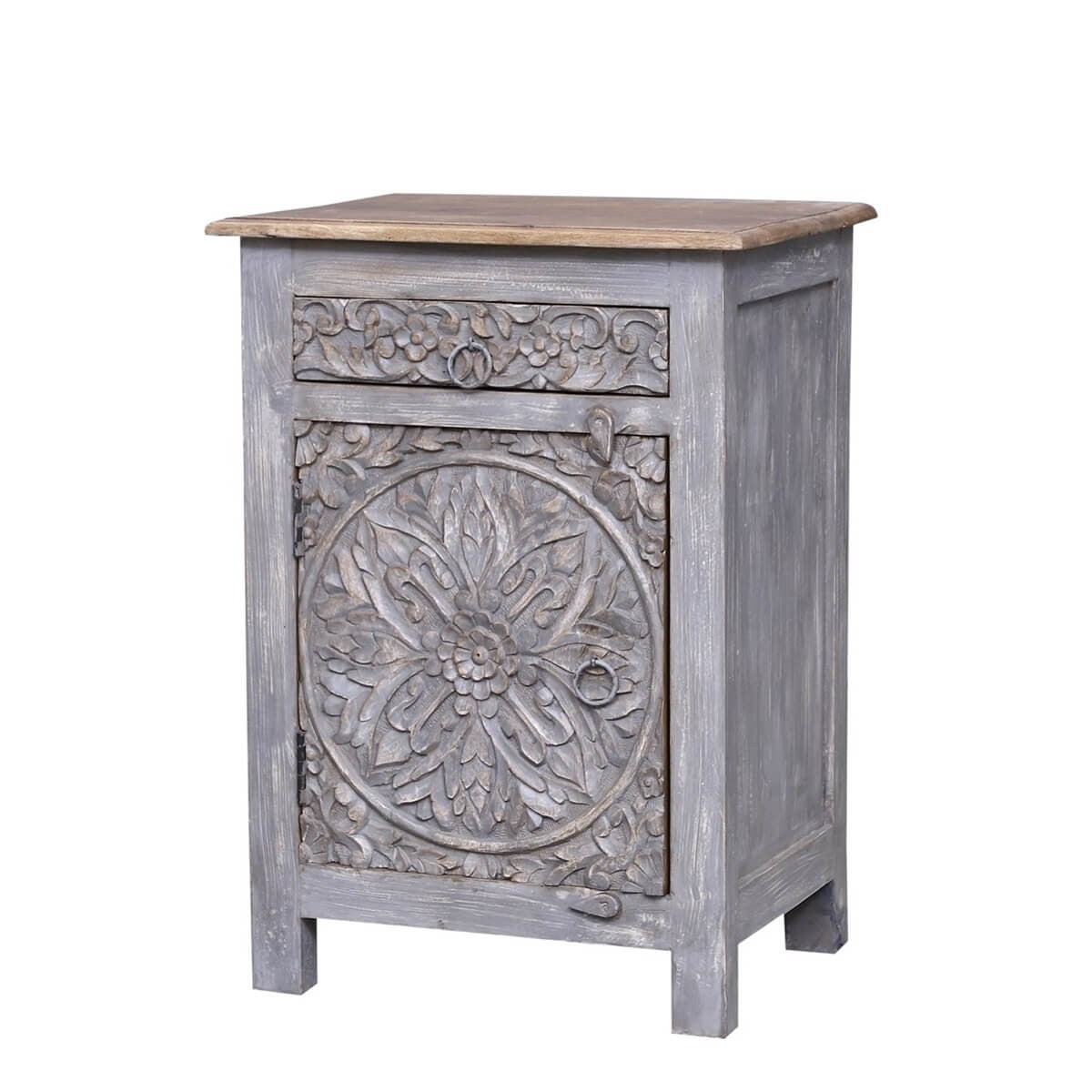 Hand Carved Reclaimed Wood Side Table with Single Drawer - Rustic Indian Design for Living Room, Bedroom & Office Decor