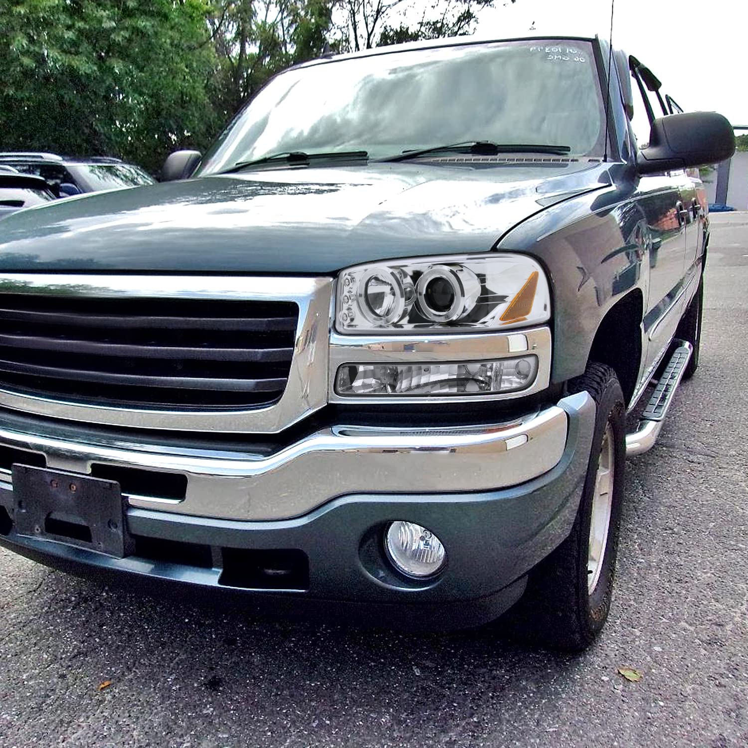 Spec-D Tuning Chrome LED Halo Projector Headlights with Bumper Lights - Compatible with 1999-2006 GMC Sierra 1500/2500/3500 - Left & Right Headlamp Assembly - Upgrade for Night Driving & Off-Road Adventures