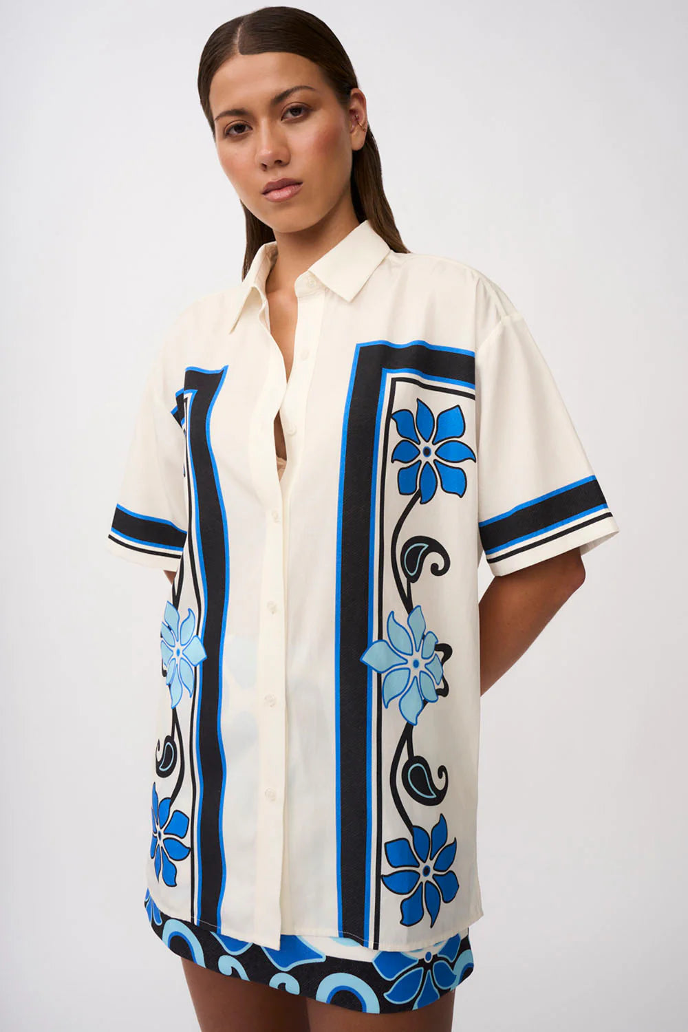 Azure Granada Flower Shirt for Women - Aqua, Navy, Ivory Floral Print Blouse - Perfect for Casual Wear, Office, and Summer Outfits