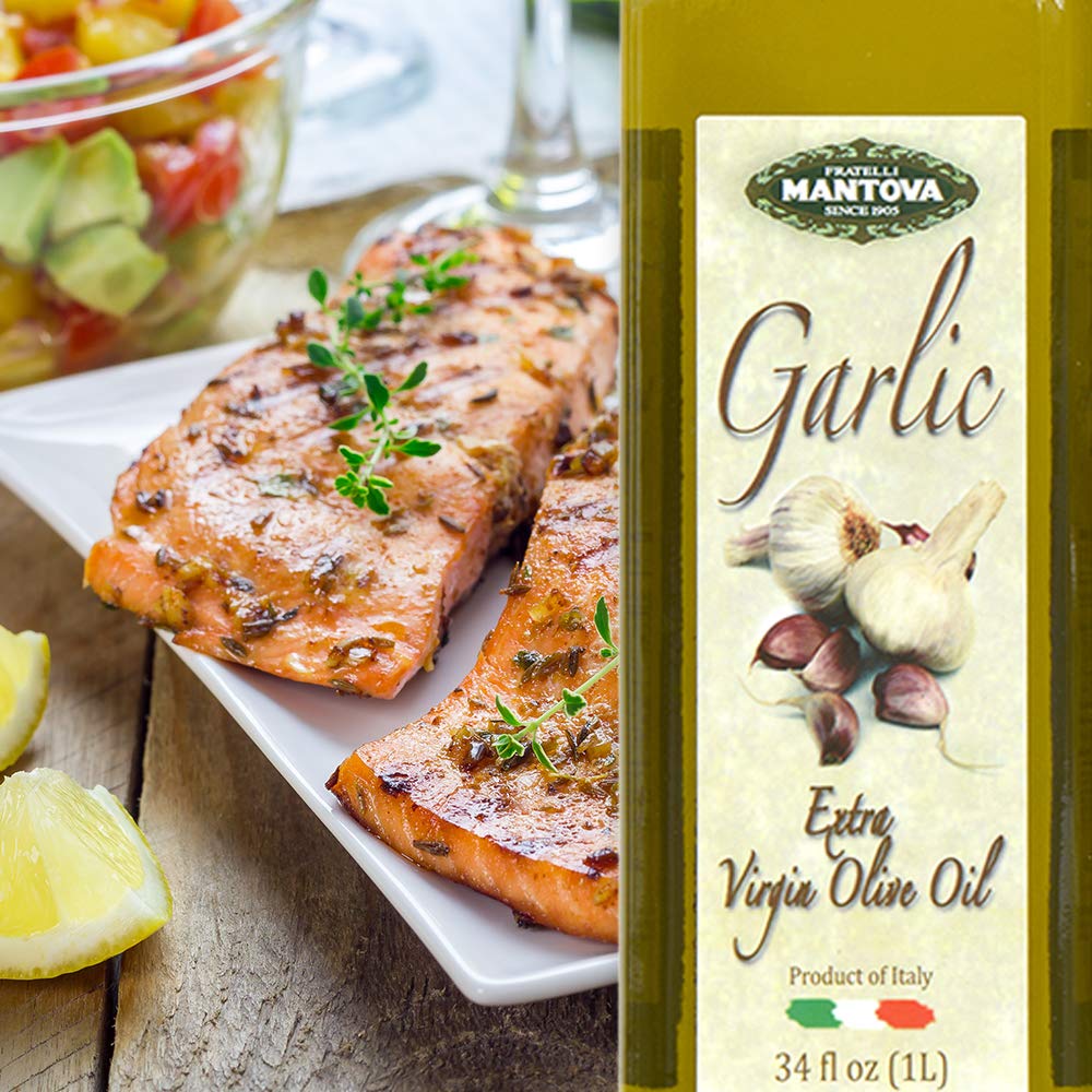 Premium Mantova Garlic Infused Extra Virgin Olive Oil (EVOO) - Cold-Pressed, Imported from Italy - 34 oz Glass Bottle (Pack of 2) - Perfect for Salads, Pasta, Vegetables & Bread Dipping - Great for Cooking, Grilling & Gourmet Recipes