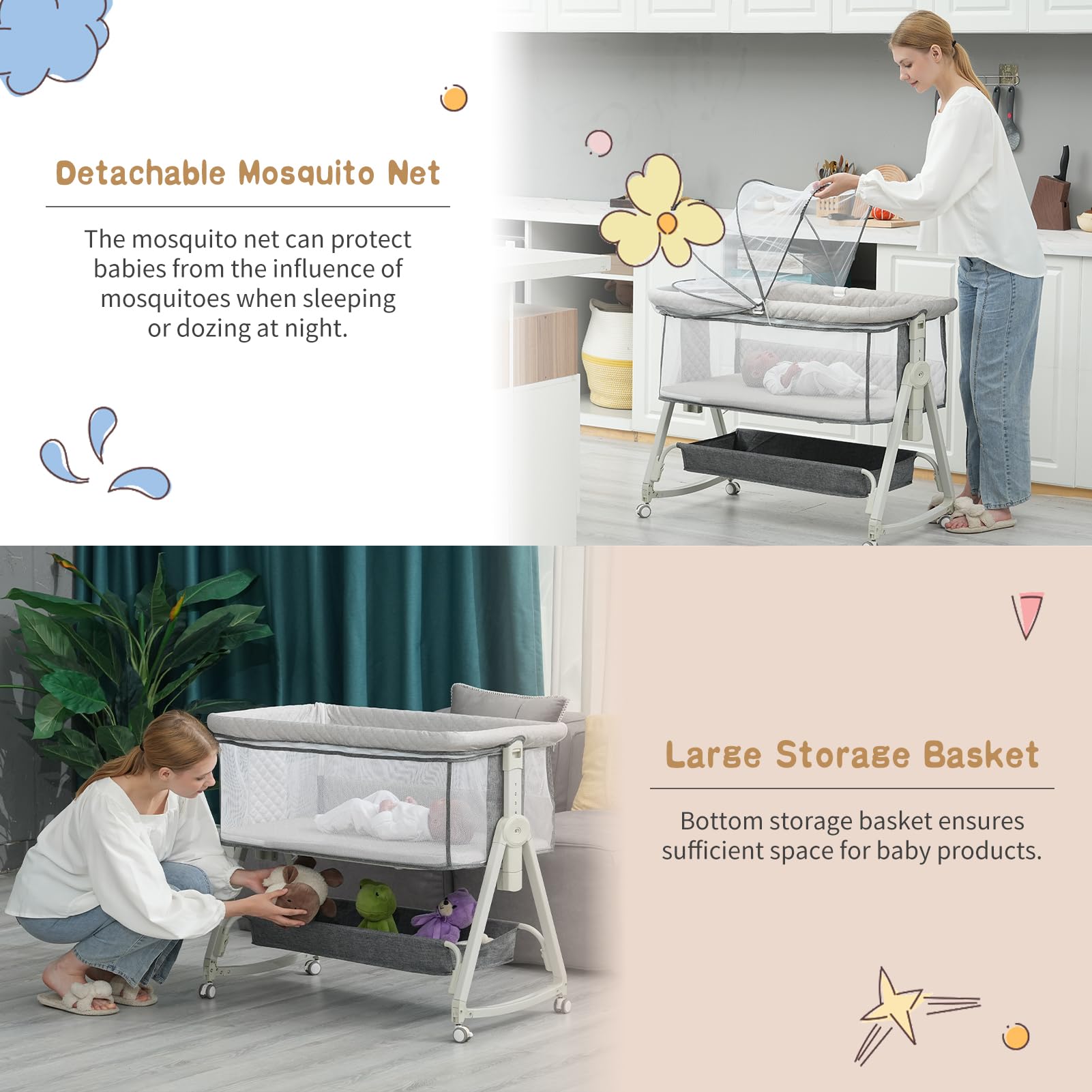 Portable Baby Bassinet Bedside Sleeper with Wheels & Storage Basket - 6 Height Adjustable, Breathable Mesh, Easy Assembly Crib for Newborns & Infants (Grey) | Perfect for Nursery, Bedroom & Travel Use