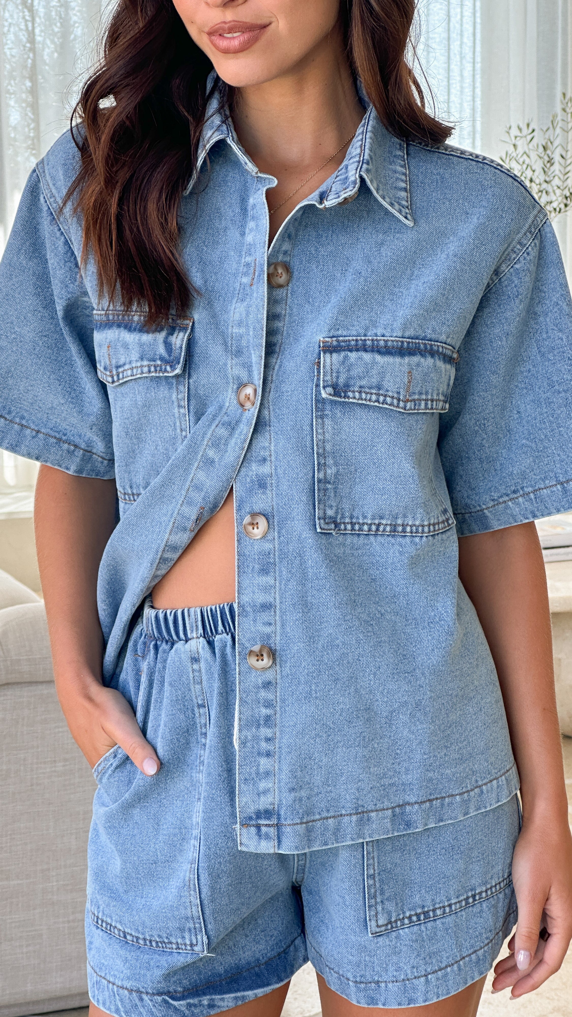 Loretta Women's Light Blue Denim Button Up Shirt and Shorts Set - Casual Summer Outfit for Beach, Vacation & Streetwear