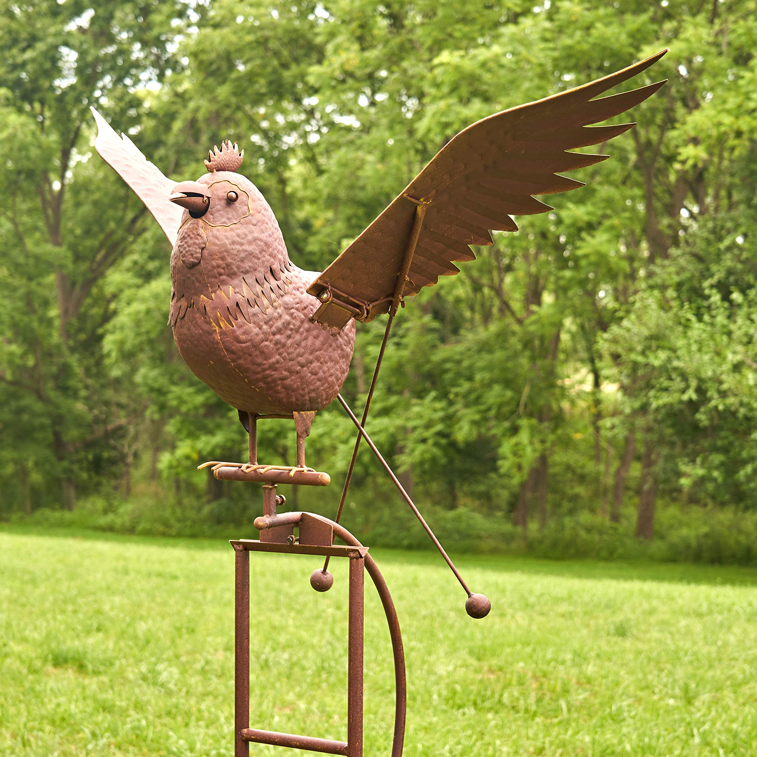 Large Rocking Animal Garden Stakes with Flapping Wings - Rust Brown Rooster Decoration for Outdoor Yard, Patio & Flower Beds