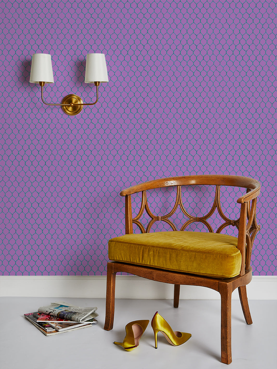 Evelyn's Chicken Wire Wallpaper by Sarah Jessica Parker - Teal on Lilac Floral Design | Peel and Stick Removable Wallpaper for Bedroom, Nursery, Home Office Decor
