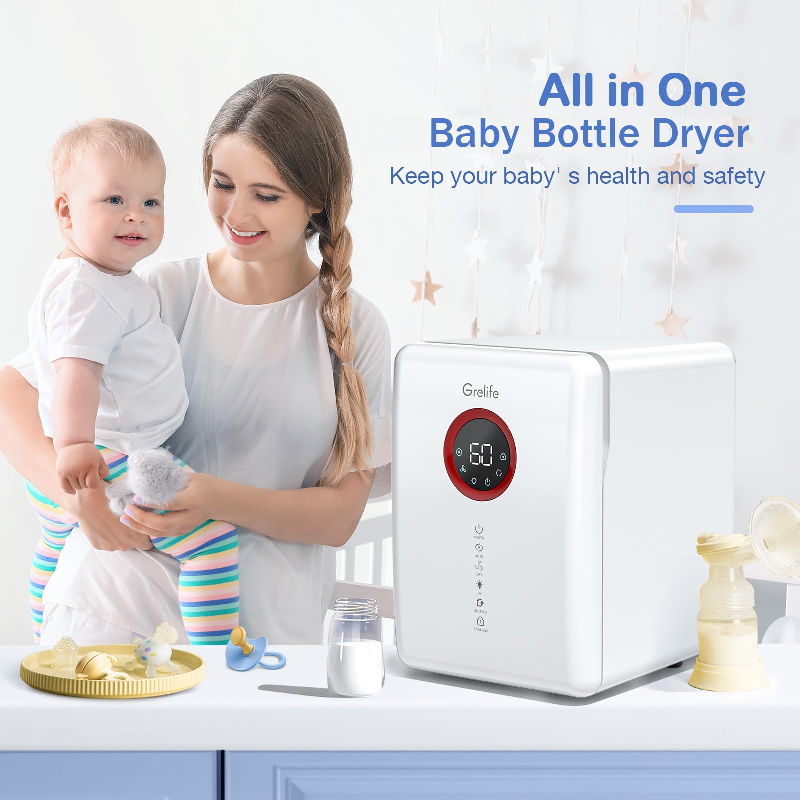 Grelife 18L Bottle Dryer - Baby Bottle Sterilizer & Dryer with Touch Screen Control, Auto-Off Safety for Toys, Clothes, Beauty Tools, Tableware, Phones | Perfect for Nursery, Kitchen, Home Office & Beauty Salon