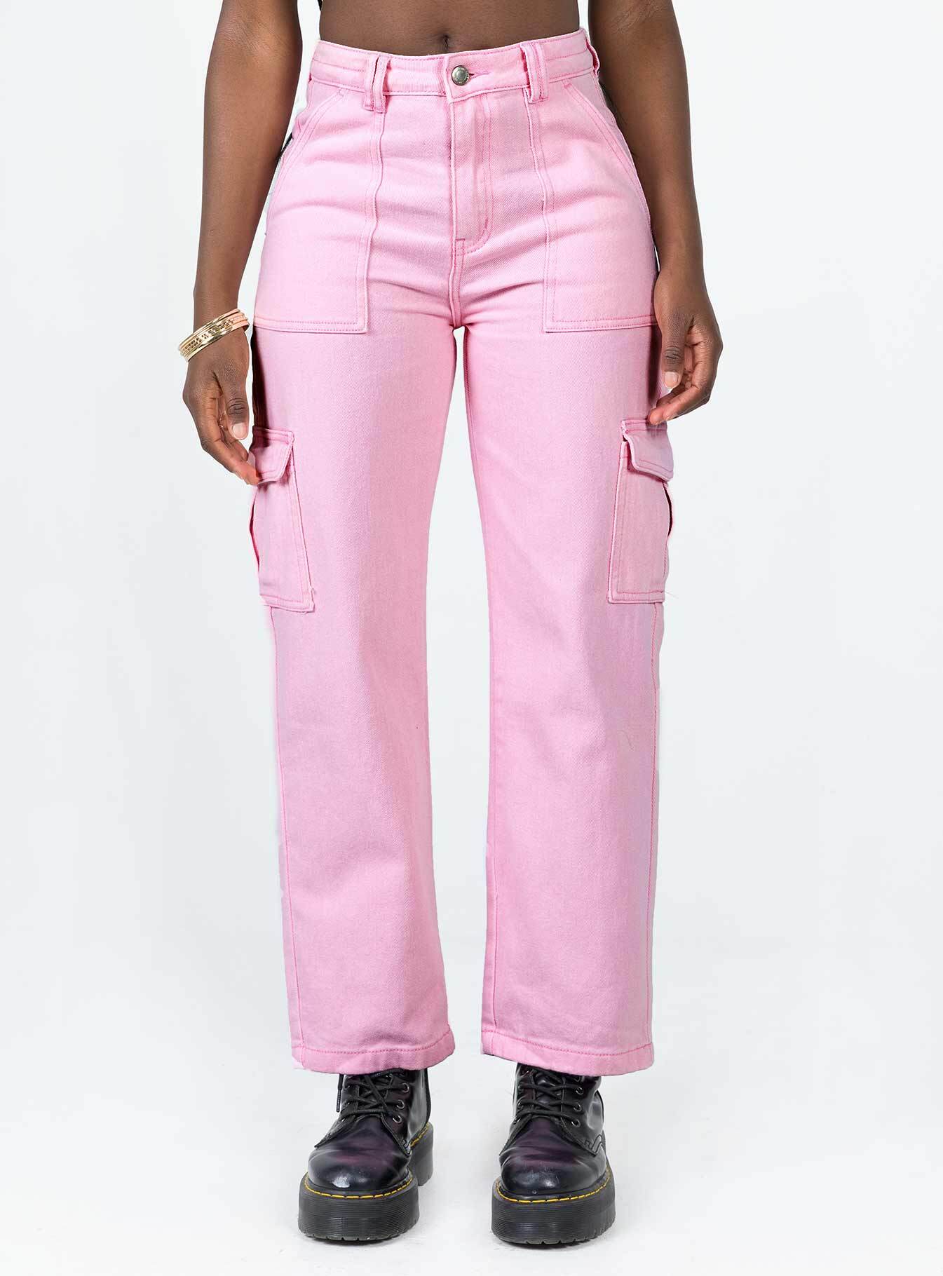 Adelaide Women's Cargo Jeans - Pink High Waist Stretch Denim Pants for Casual Wear & Outdoor Activities