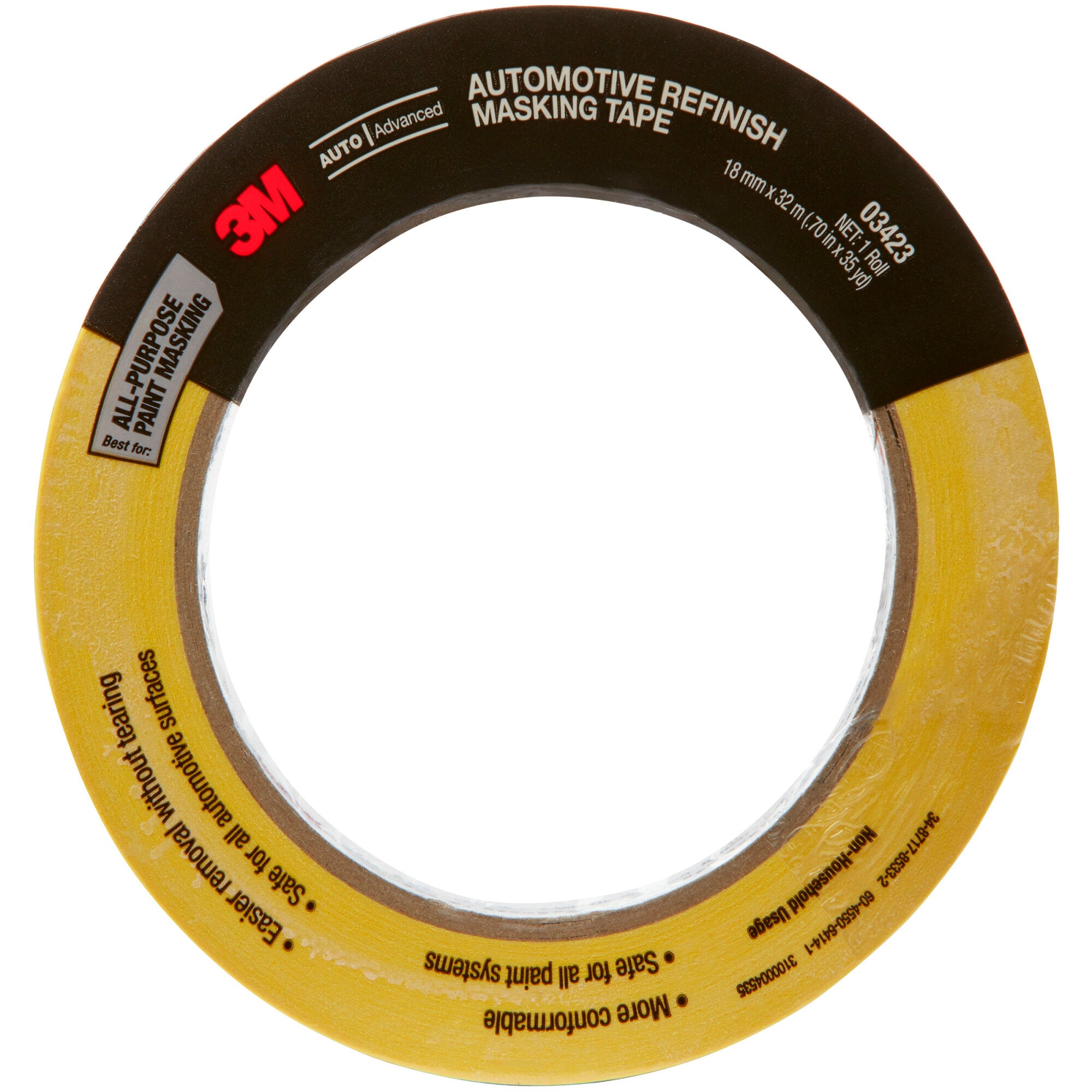 3M Automotive Refinish Masking Tape 03423 - 18mm x 32m for Car Painting, Bodywork & Detailing - Perfect for Auto Shops & DIY Projects