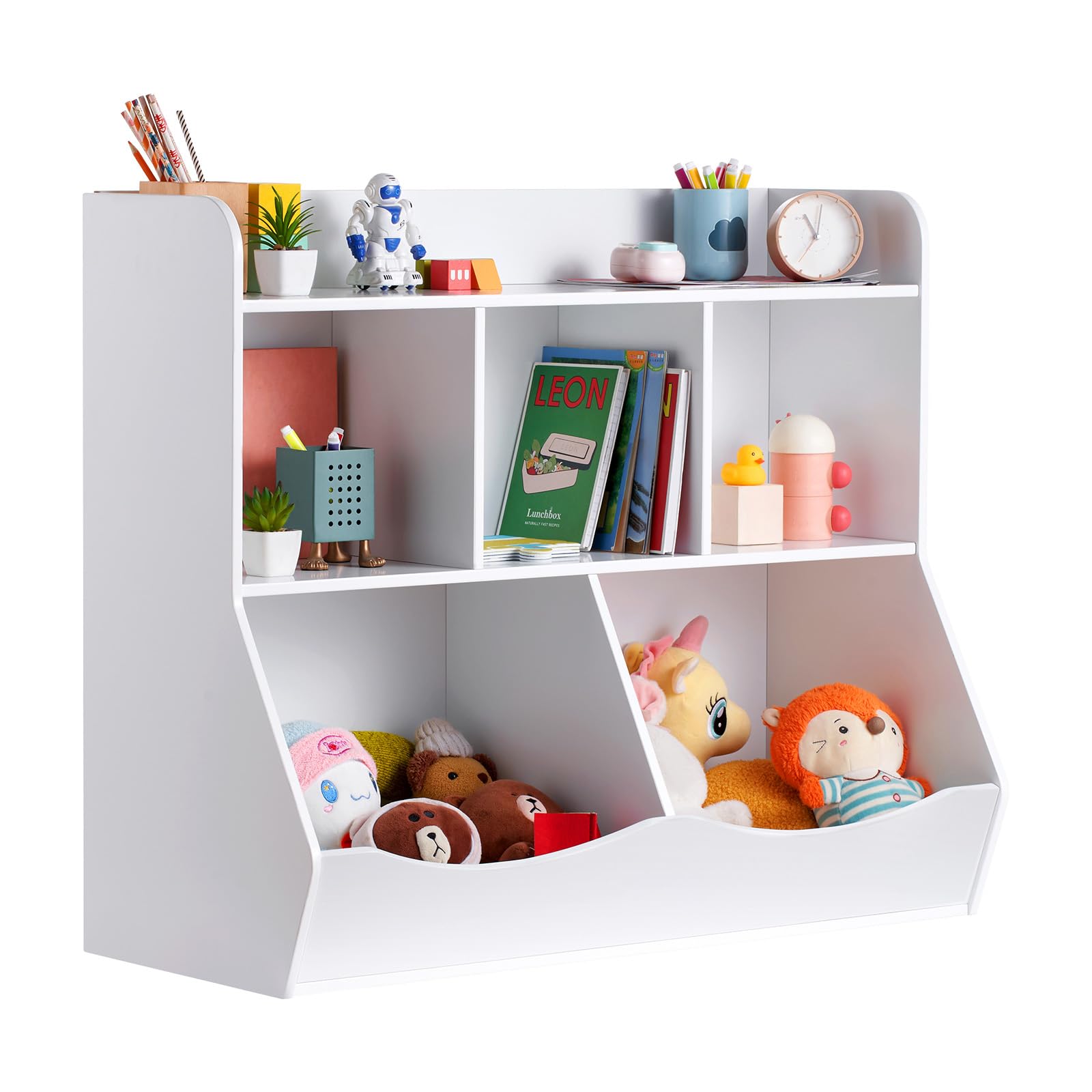 VEVOR 5-Cubby Wooden Toy Storage Organizer with Bookshelf - Kids Room Storage Cabinet for Toys & Books - Nursery, Playroom, Kindergarten Furniture - White (Perfect for Organizing Toys, Books & Kids' Belongings)