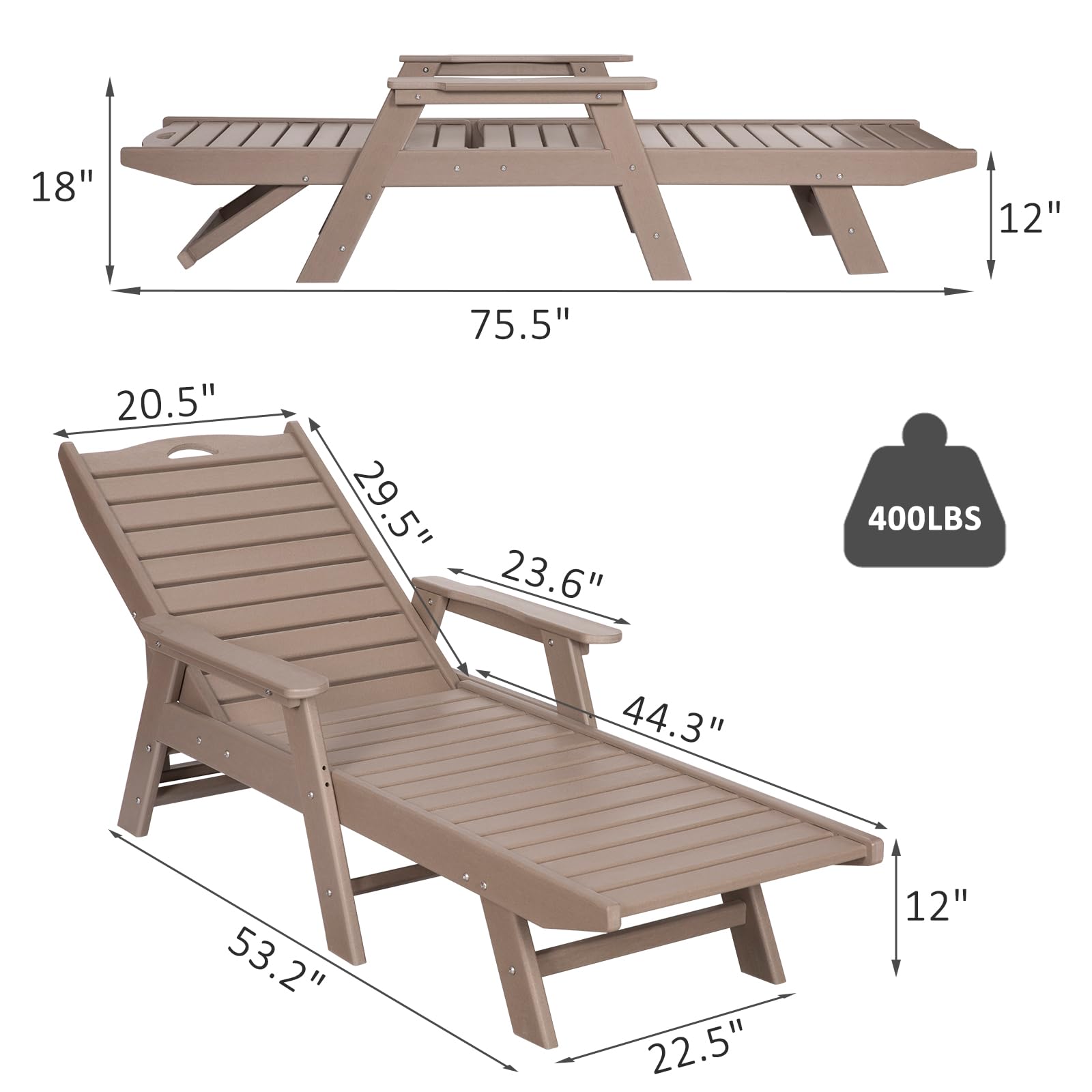 nalone HDPE Chaise Lounge Outdoor Chair - 5-Position Adjustable Backrest, 400 LB Weight Capacity - Grey Brown Patio Poolside Deck Beach Backyard Lounge Chair for Relaxing, Sunbathing & Outdoor Lounging