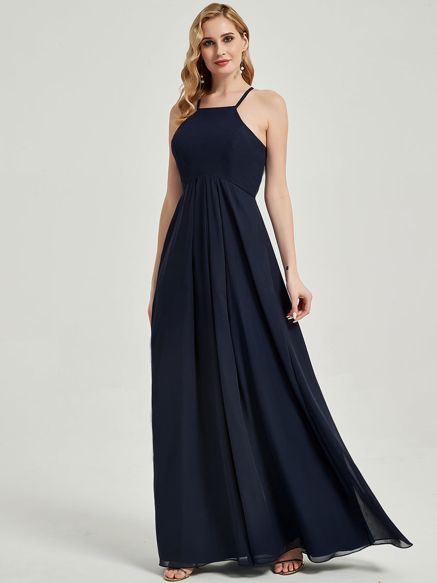 Elegant Dark Navy Halter Sleeveless Empire Waist Pleated Backless Chiffon Bridesmaid Dress for Wedding Party, Formal Occasions & Special Events