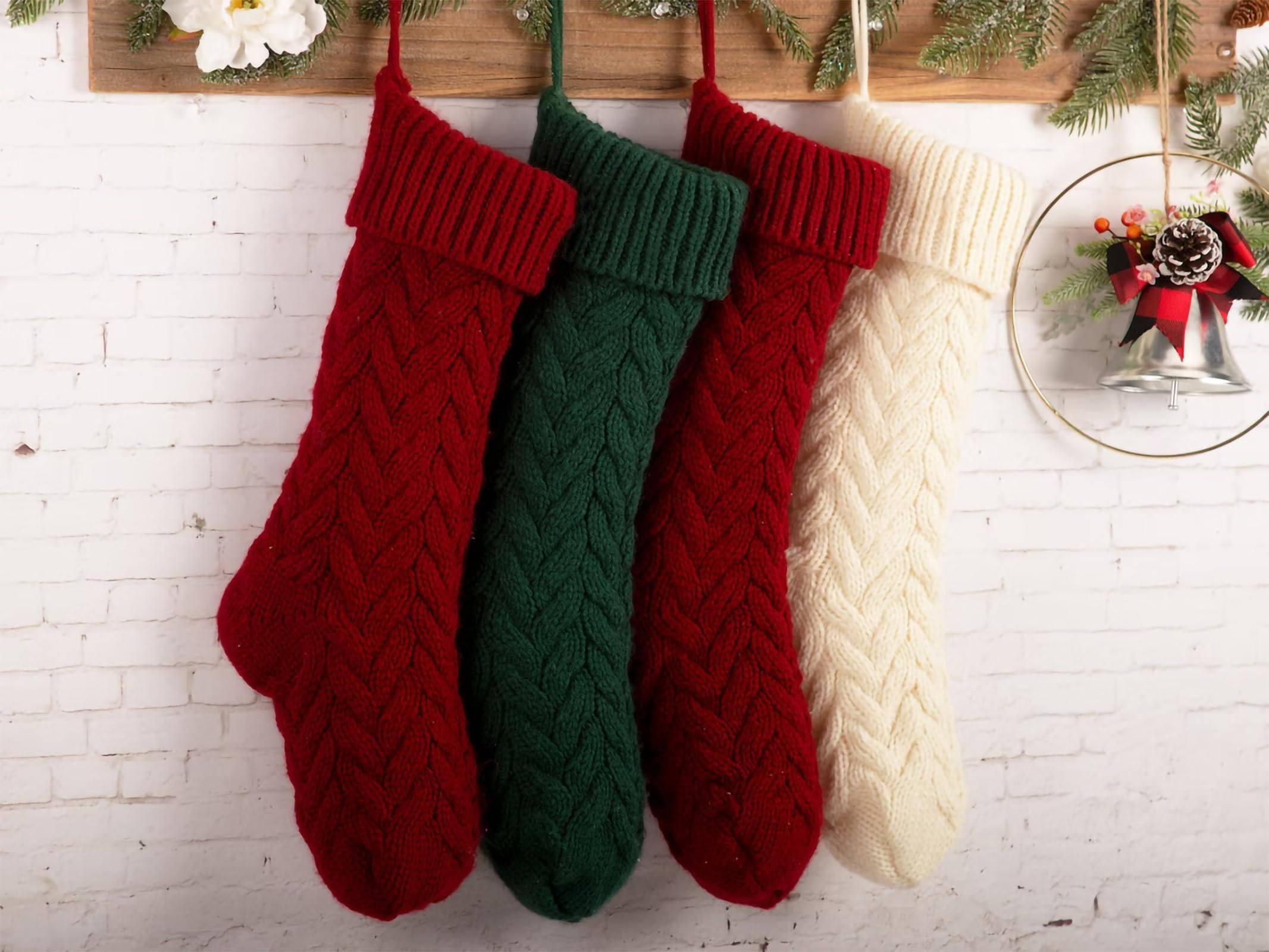 18 Inch Christmas Stockings Bulk 6 Pack - Large Cable Knit Fireplace Hanging Stockings for Family Holiday Decor - Burgundy & Ivory White Xmas Stockings - Perfect for Christmas Party, Home Decor and Gift Giving