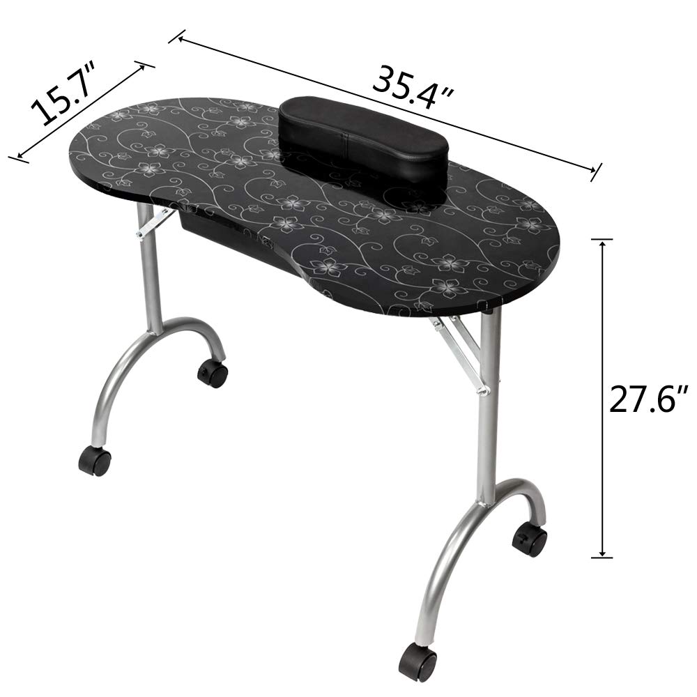 Portable Folding Manicure Table with Wrist Cushion & Drawer - Adjustable Nail Station Desk for Home Spa & Beauty Salon - Includes Carry Bag (Black) | Perfect for Professional Nail Technicians & DIY At-Home Manicures