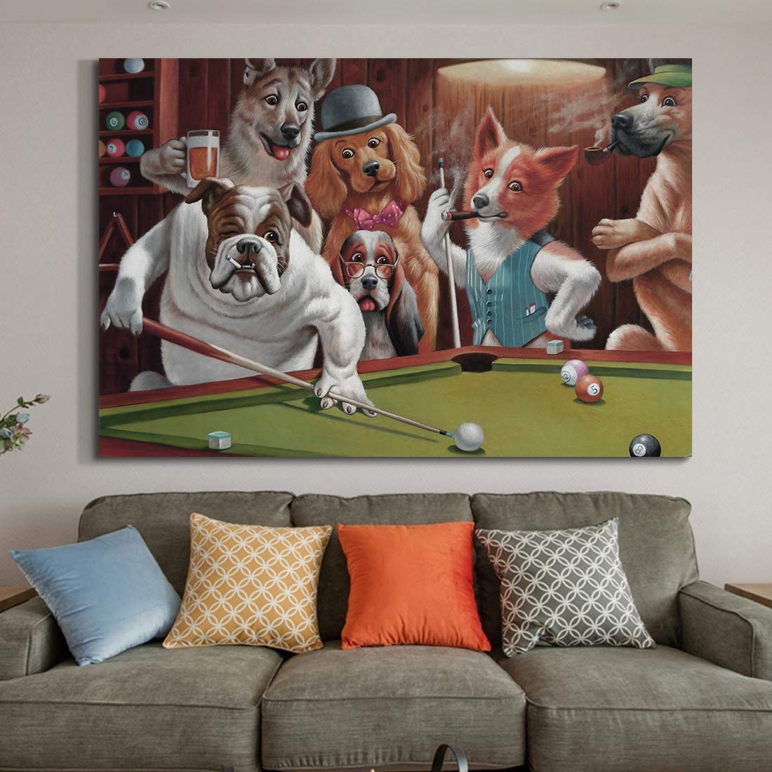 Denozer Dogs Playing Billiards Canvas Wall Art - Premium Giclee Print Gallery Wrapped Modern Home Decor - 48x32 Inches Ready to Hang - Perfect for Living Room, Office & Game Room Decor