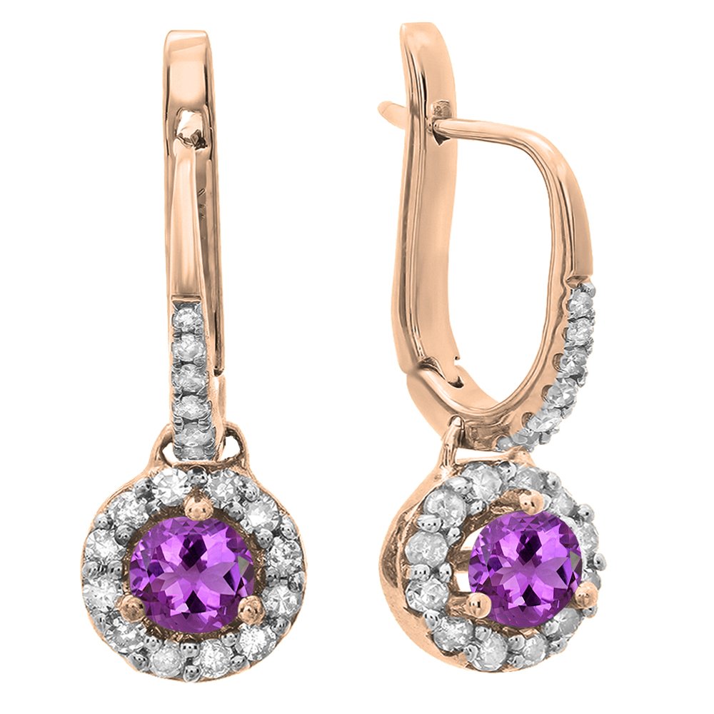 Dazzlingrock Collection 5mm Round Gemstone & White Diamond Halo Drop Earrings for Women - 14K Solid Rose Gold Jewelry - Perfect for Weddings, Parties & Special Occasions