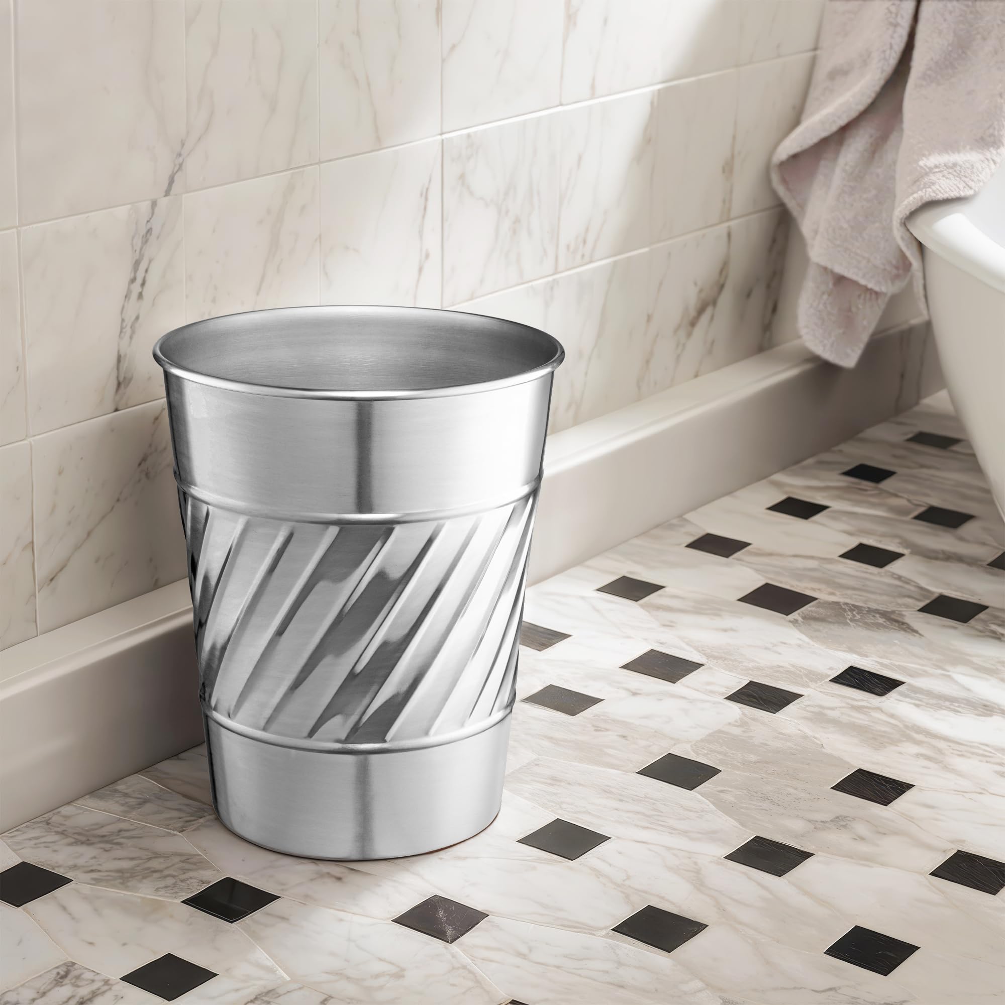 Handcrafted Metal Wastebasket - Durable Trash Can for Home, Office & Bedroom | Decorative Wave Embossed Design | Modern Bathroom Décor in Nickel Finish | Perfect for Living Rooms, Offices & Guest Bathrooms