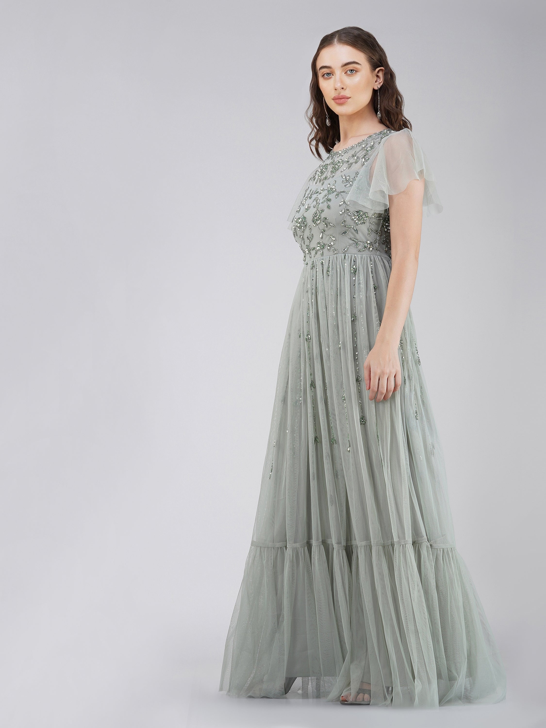Marly Sage Green Embellished Maxi Dress for Women - Elegant Long Flowy Evening Gown with Intricate Details - Perfect for Weddings, Parties & Special Occasions