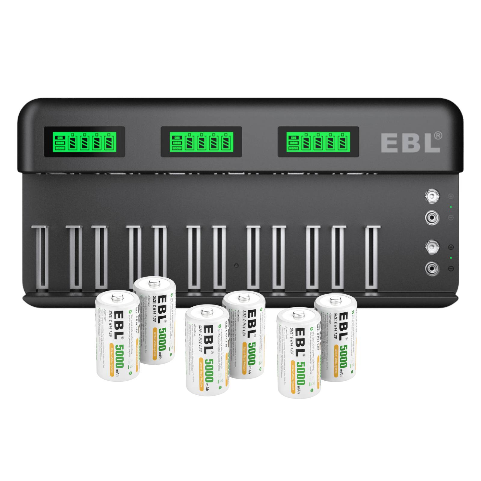 EBL 12+2 Bay Universal Battery Charger with 1.2V C D NiMH Rechargeable Batteries - Fast Charging for Toys, Flashlights, Cameras & More