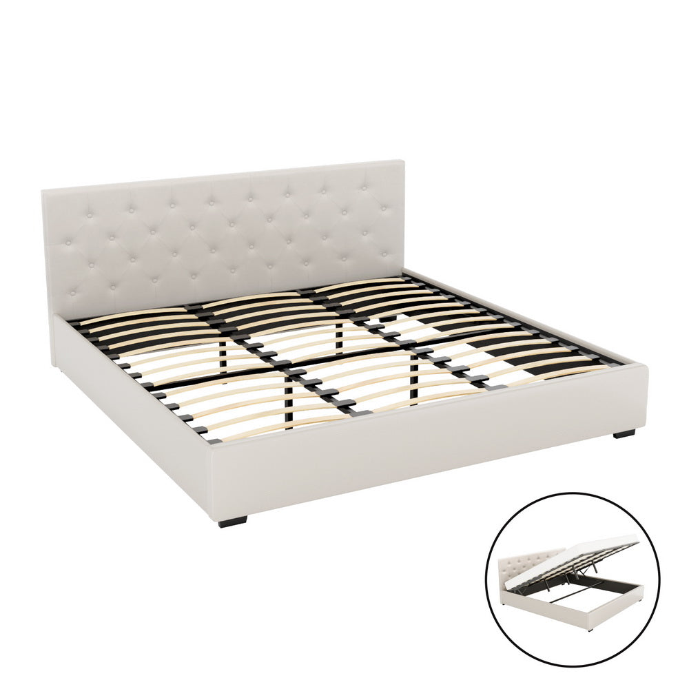 Dorilla Gas Lift Storage King Bed Frame in Beige - Modern Platform Bed with Hydraulic Lift for Easy Storage - Perfect for Small Spaces & Bedroom Organization