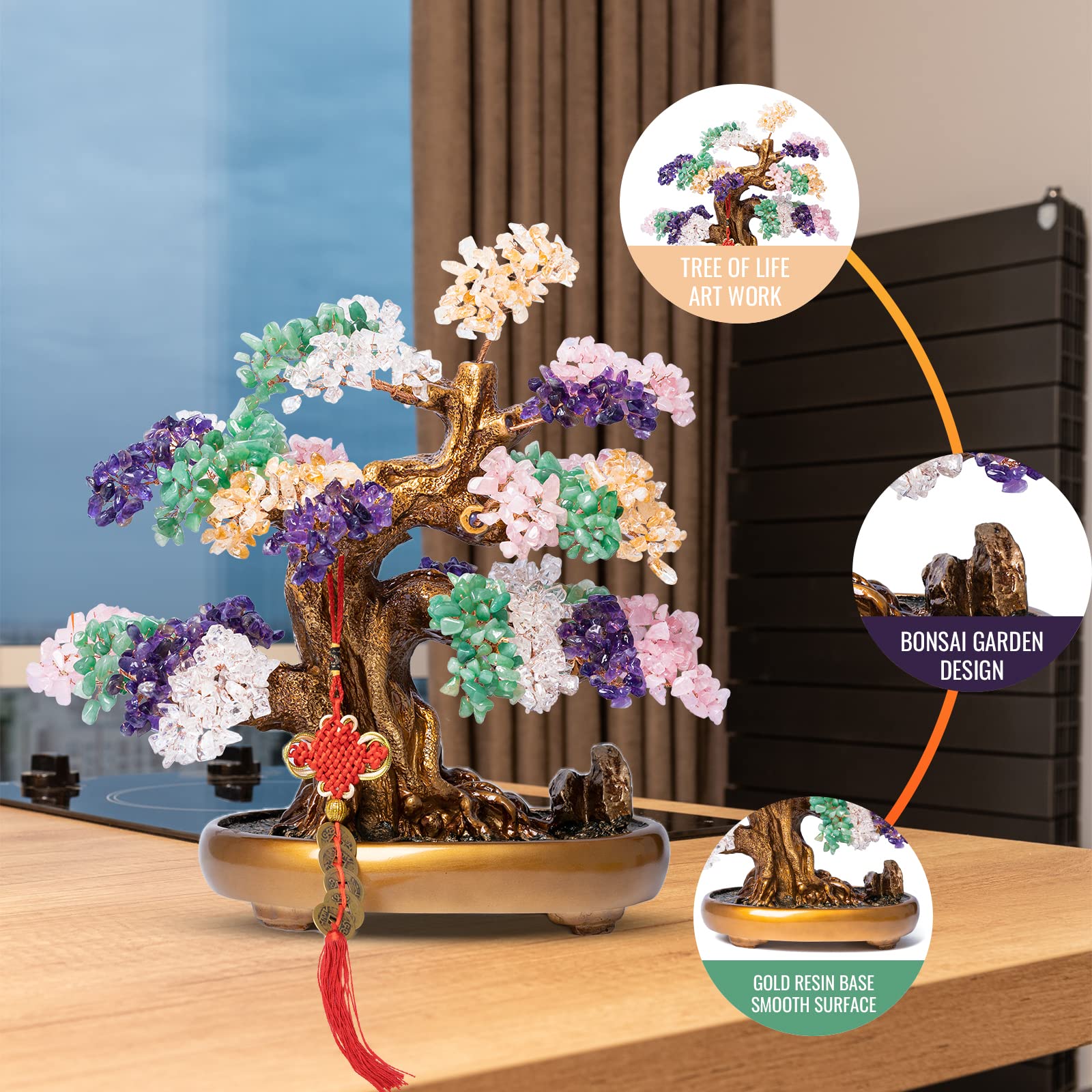 Natural Chakra Gemstone Crystal Bonsai Tree of Life - Large Feng Shui Money Tree for Luck & Wealth (1,251 Gemstones) - Spiritual Healing, Home Office Desk Decor, Meditation Gift for Positive Energy