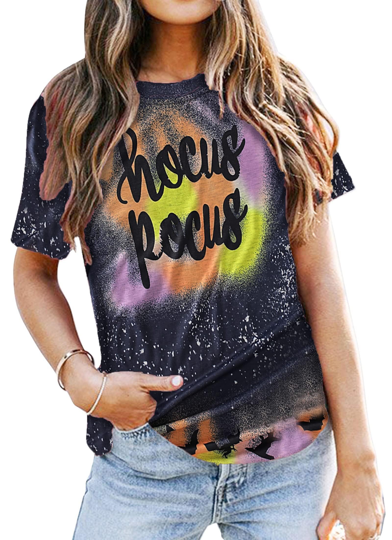 Women's Halloween T-Shirt | Hocus Pocus Sanderson Sisters Graphic Tee | Funny Bleach Print Halloween Shirt | Costume Party, Trick or Treat, Spooky Season Outfit
