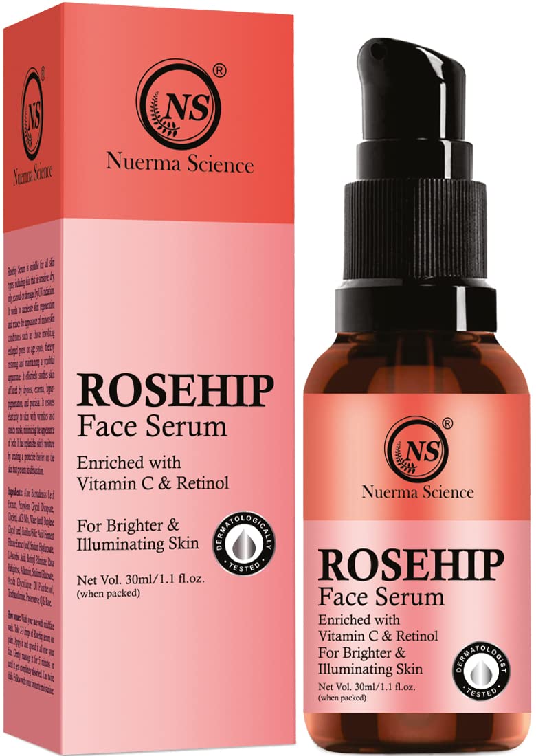Nuerma Science Rose Hip Face Serum with Retinol & Vitamin C (30ml) - Lightweight, Non-Greasy Anti-Aging Serum for All Skin Types | Brightens Dark Spots, Evens Skin Tone & Boosts Radiance | Perfect for Daily Skincare Routine & Nighttime Treatment