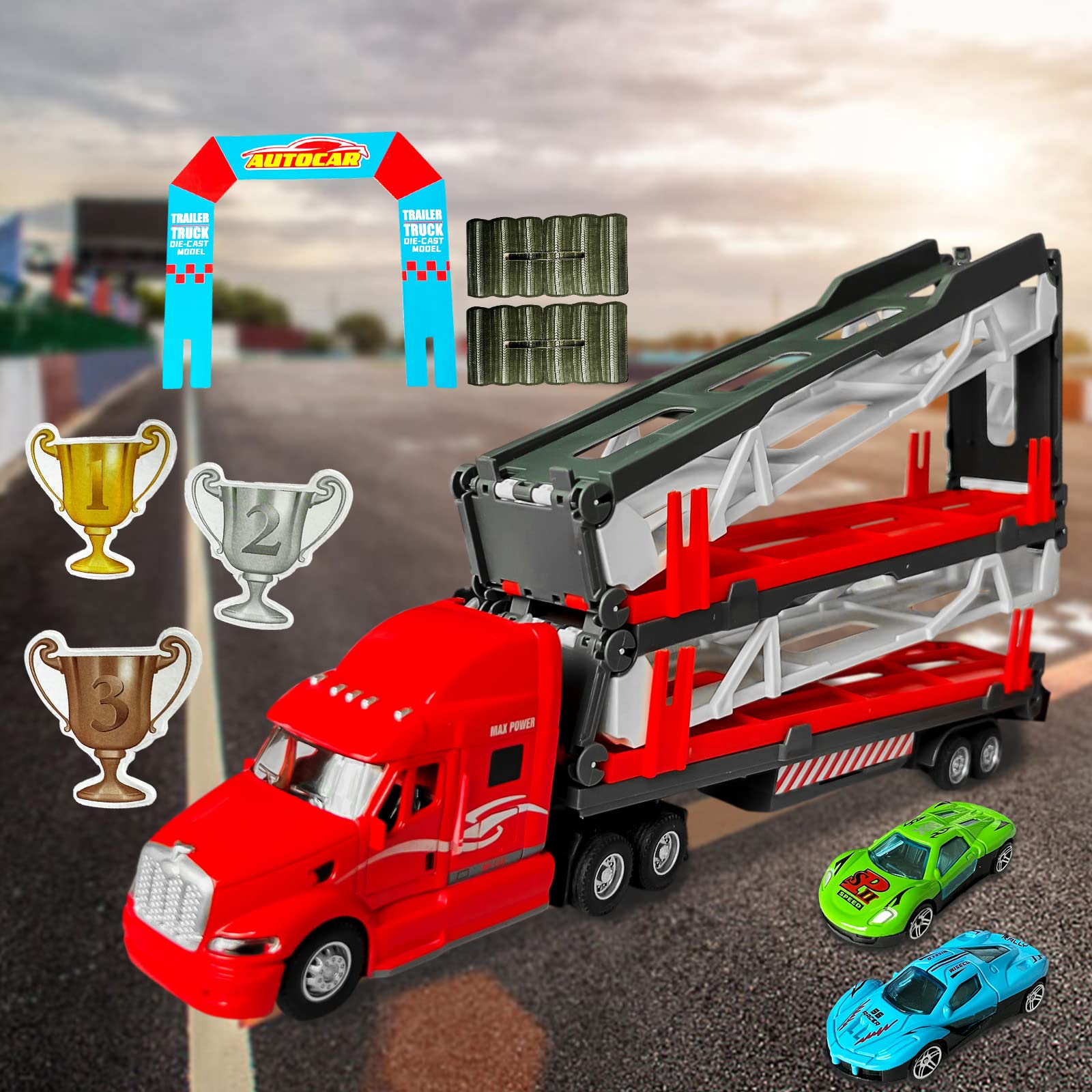 OTONOPI 59 Inch Race Car Transporter Truck Toy Set - Mega Hauler Carrier with Race Track Storage & 2 Metal Cars - Perfect Gift for Kids Toddlers Boys Girls Age 3+ - Great for Birthday Parties, Playtime & Pretend Driving Adventures