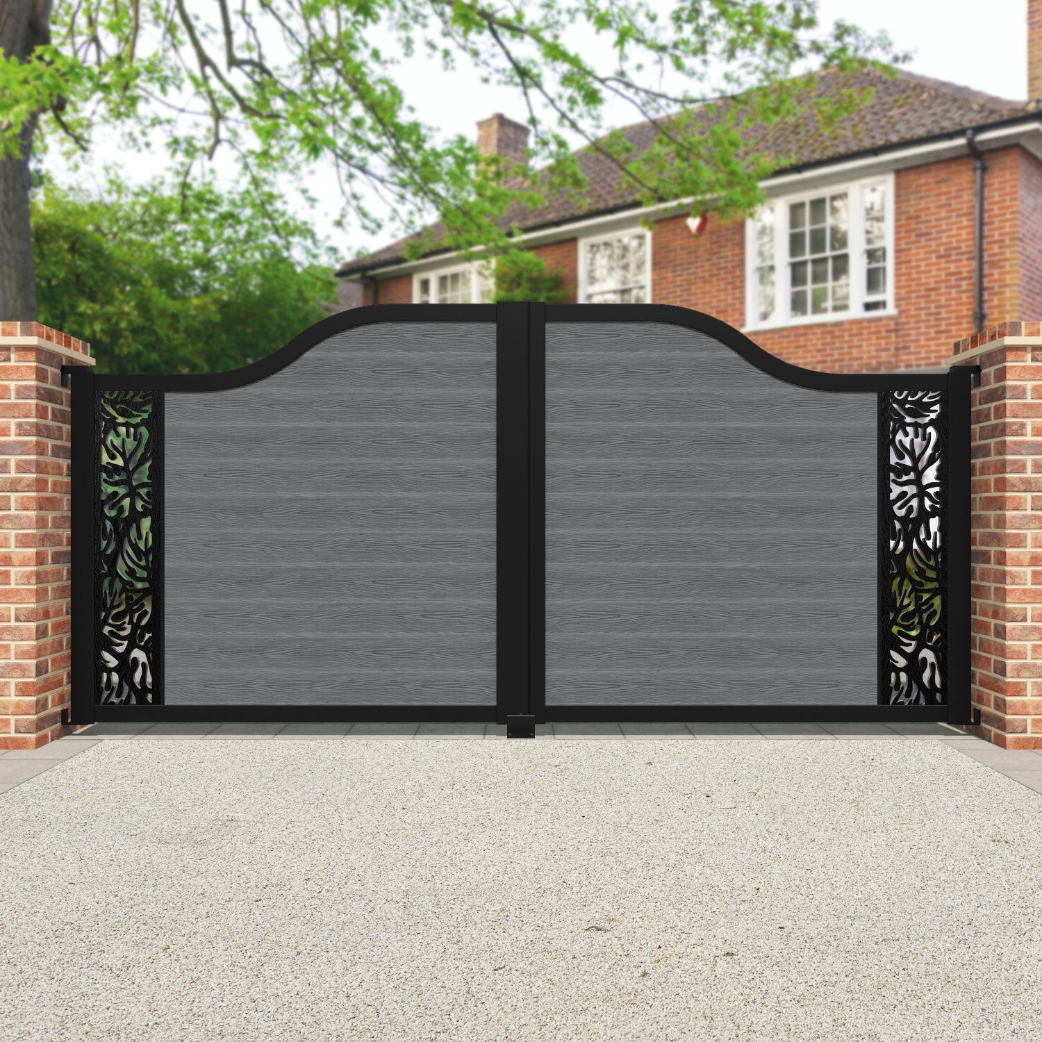Classic Botanic Curved Top Driveway Gate - Mid Grey End Screen | Elegant & Durable Driveway Entrance for Home & Garden Security