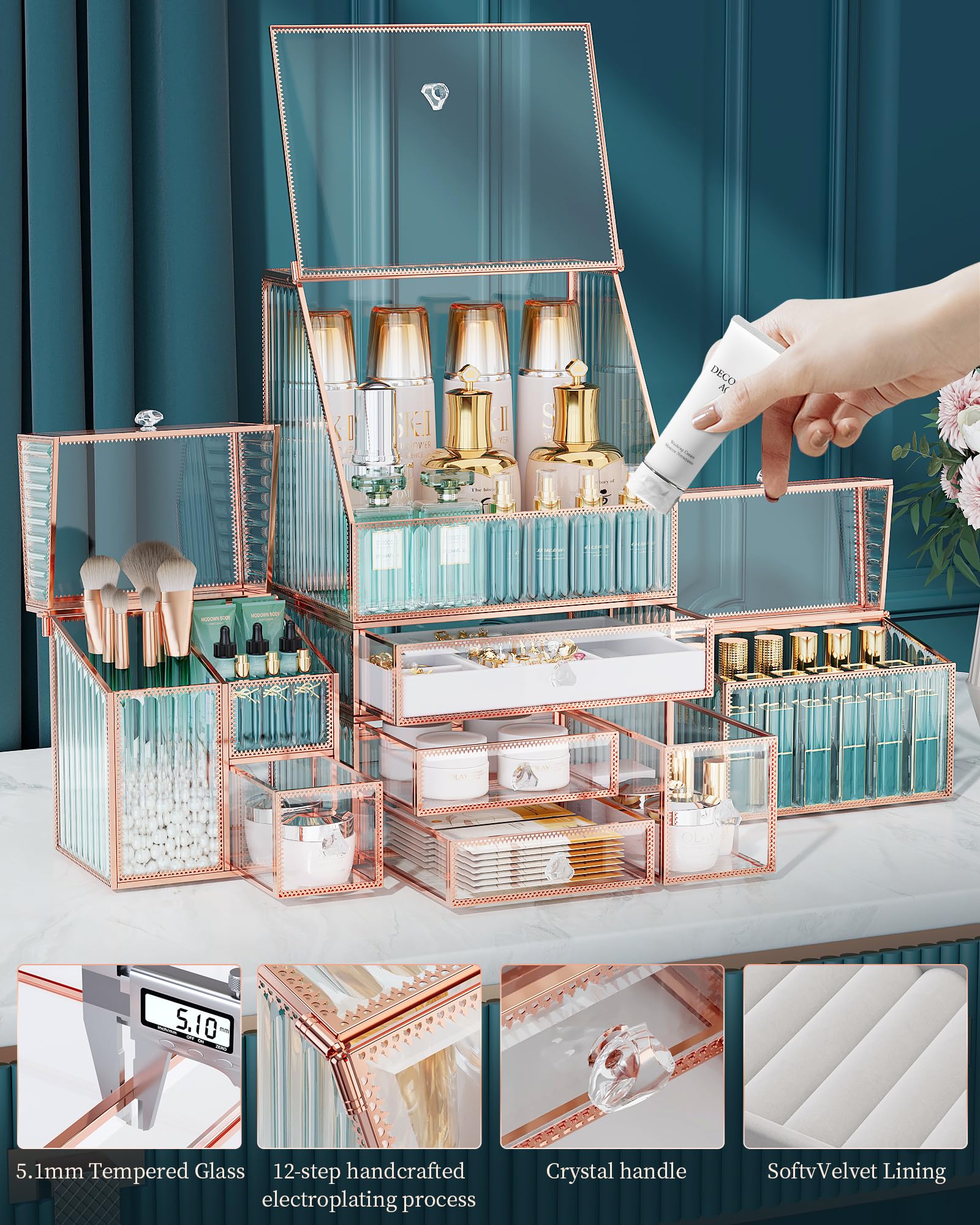 Premium Stackable Tempered Glass Makeup Organizer - Luxury Cosmetic Storage for Bathroom Countertop, Skincare, Jewelry, Lipstick, Perfume & Brushes | Perfect for Vanity, Dressing Table & Travel Beauty Organization