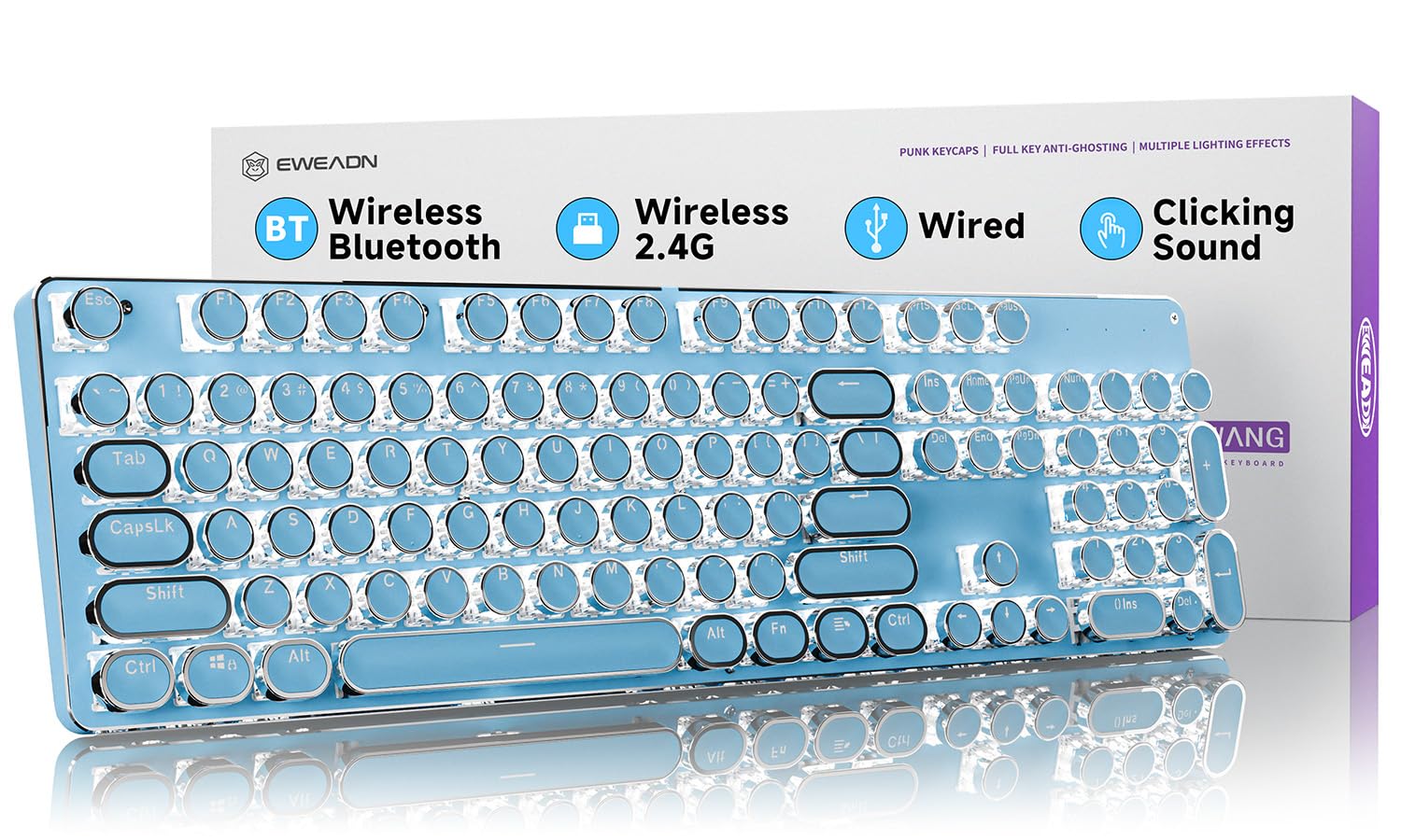 EWEADN TK950 Wireless Mechanical Keyboard - 104 Key Aesthetic Typewriter Style with White Backlight, Anti-Ghosting, Blue Switch (Bluetooth/2.4GHz/USB-C) - Perfect for Typing, Gaming & Office Work - Blue