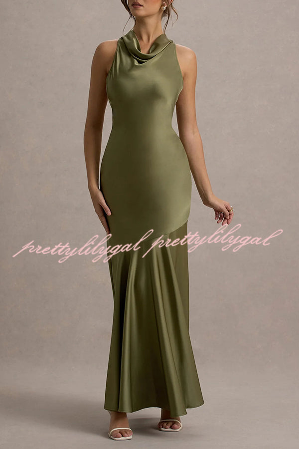 Elegant Satin Cowl Neck Maxi Dress with Back Tie Detail - Perfect for Evening Parties, Weddings & Special Occasions