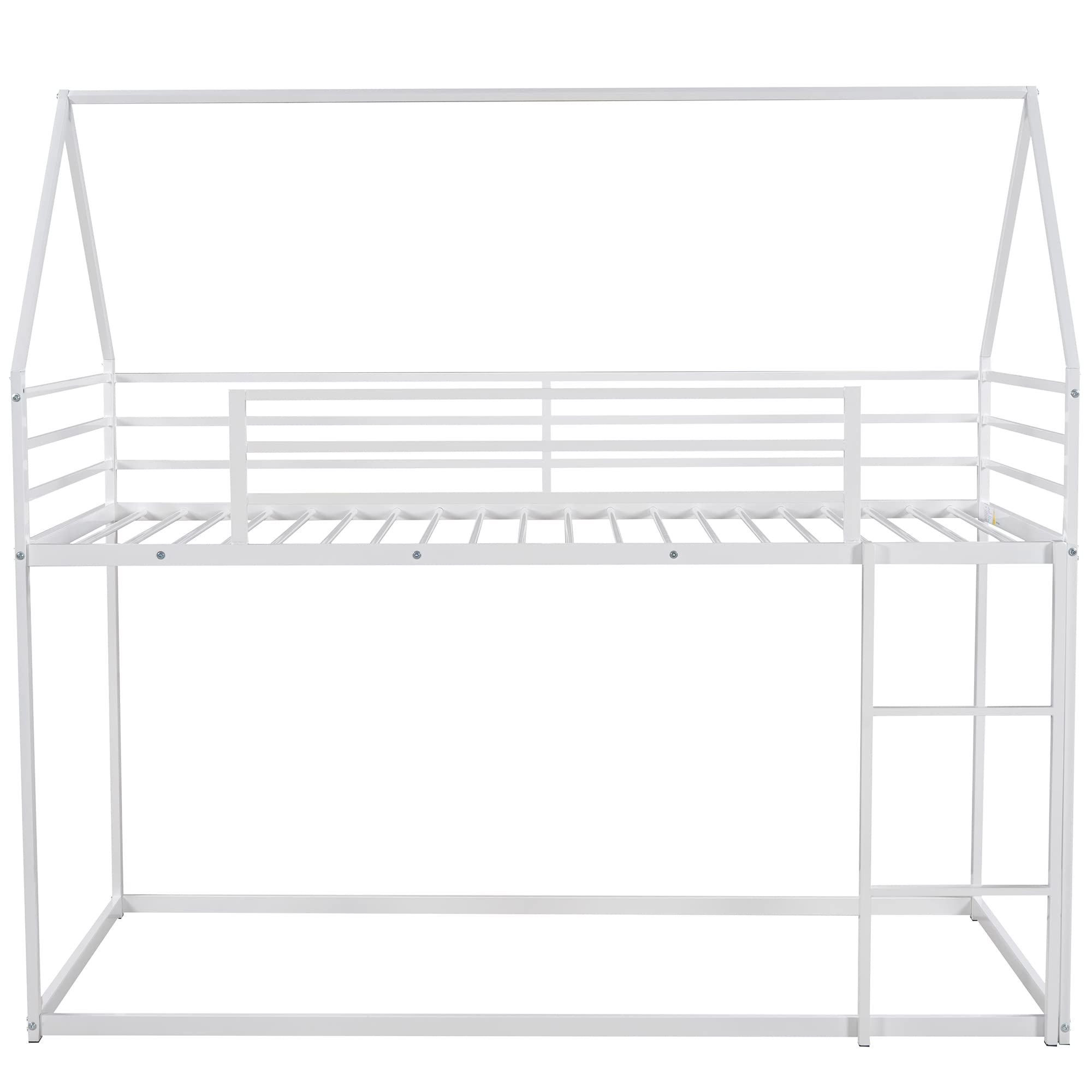**Metal Twin Over Twin Bunk Bed with Roof - White House Bunk Beds for Kids & Toddlers - Space-Saving Floor Bed for Small Rooms, Playrooms & Sleepovers**