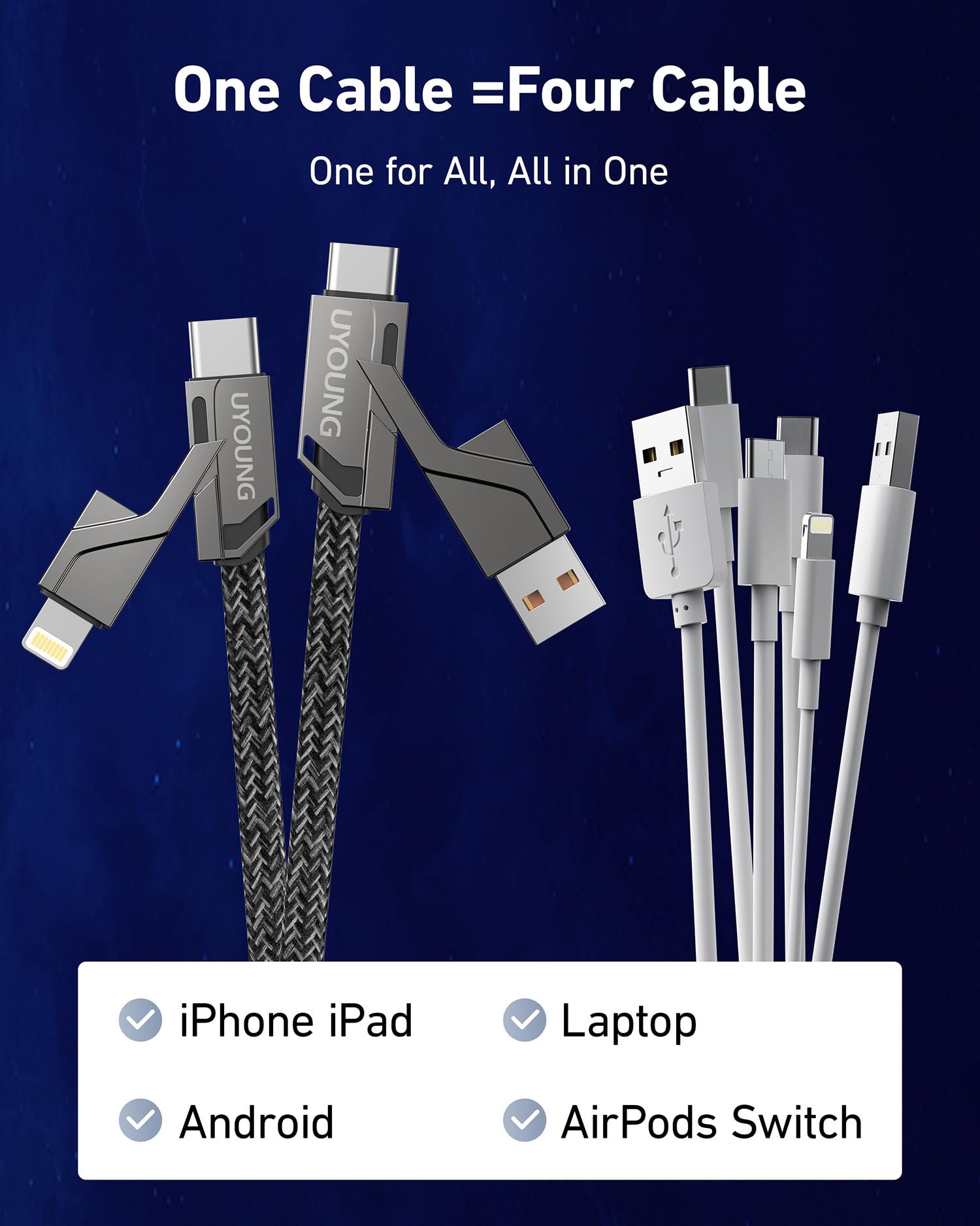 4-in-1 USB C Cable & Lightning Cable 6FT - 60W Fast Charging Cord with Multiple Ports (USB C/USB A/Lightning) - Compatible with iPhone 16/15/14/13/12/Pro & Samsung Galaxy - Perfect for Home, Office & Travel Charging Needs