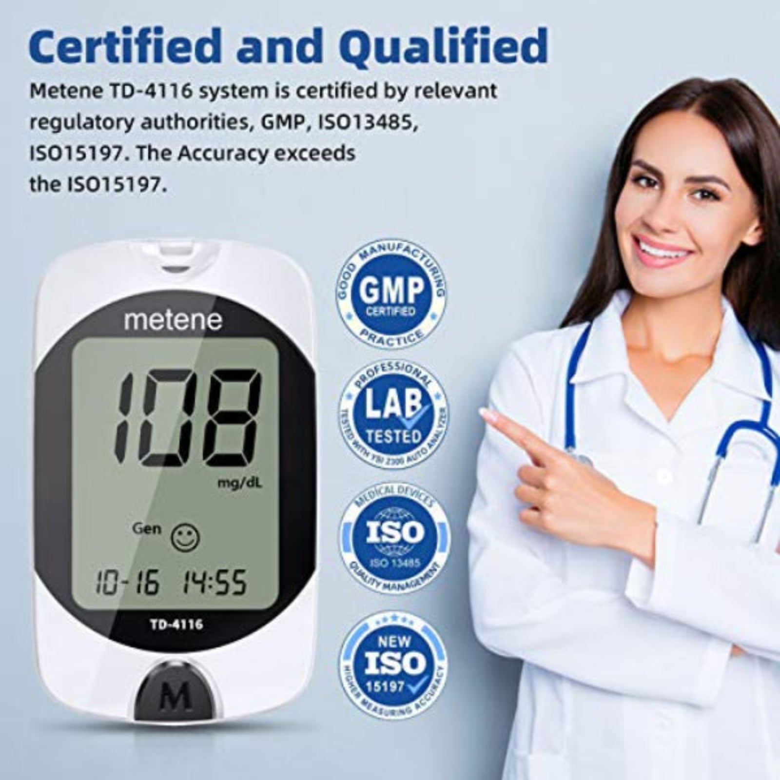 Metene TD 4116 Blood Glucose Monitor Kit with 100 Test Strips & 100 Lancets - Accurate Diabetes Testing for Home Use & Travel