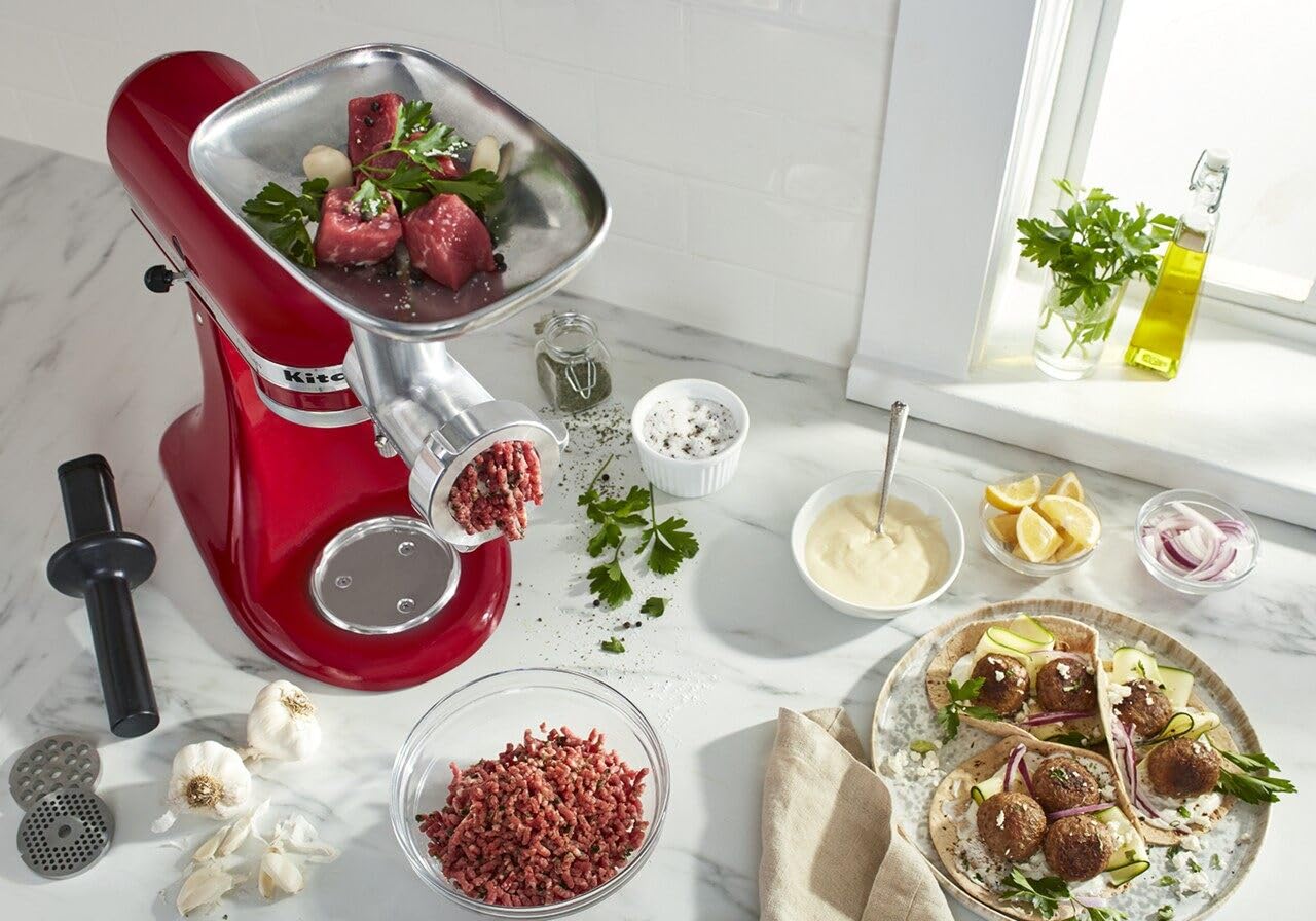 KitchenAid KSMMGA Metal Food Grinder Attachment for Stand Mixers - Silver | Perfect for Grinding Meat, Vegetables & Cheese | Ideal for Homemade Sausages, Burgers & Pasta