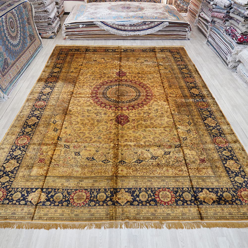 12x18ft Extra Large Silk Persian Carpet - Hand Woven Floral Rug for Living Room, Bedroom & Office - Yellow & Blue Oriental Area Rug - Premium Home Decor for Luxury Interior Design