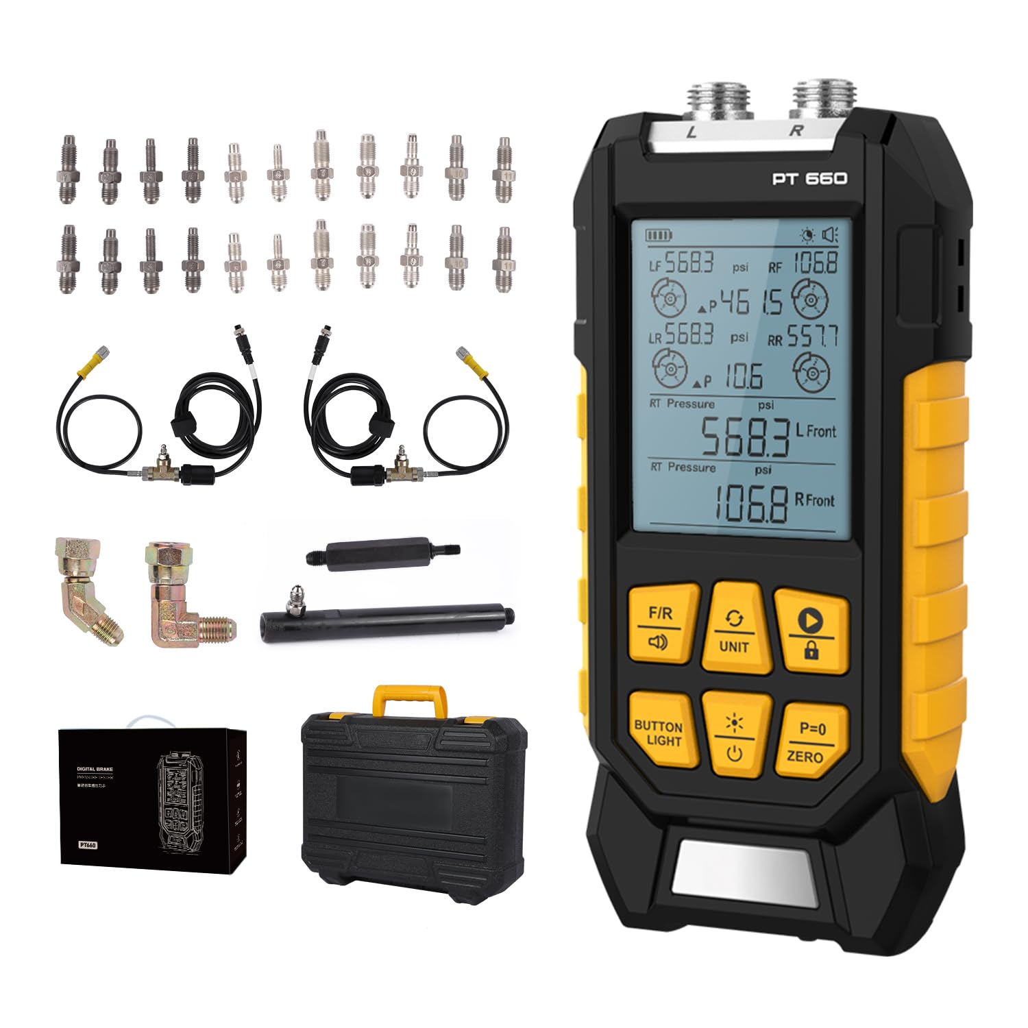 PT660 Digital Brake Pressure Tester - 0-210 Bar Dual Channel Automotive Brake System Diagnostic Tool with Smart Alarm & Multiple Connectors | Perfect for Mechanics, DIY Car Repair & Vehicle Maintenance