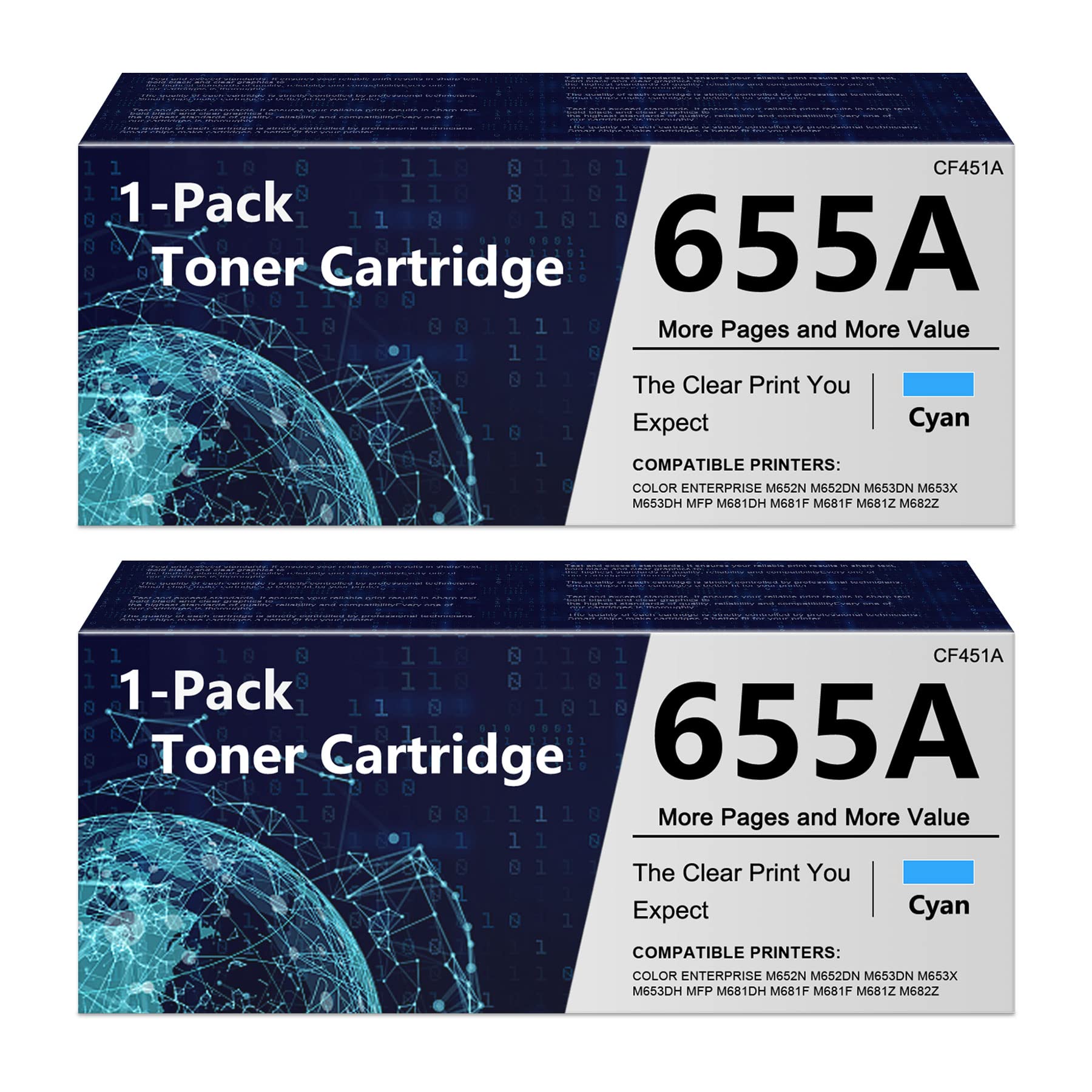 2-Pack ZEOSEROE Cyan 655A/CF451A Compatible Toner Cartridge - Replacement for HP Color Enterprise M652n/M652dn/M653dn/M653x/M653dh/MFP M681dh/M681f/M681z/M682z Printers - High Yield 656X/CF461X Toner - Perfect for Office & High-Volume Printing Needs