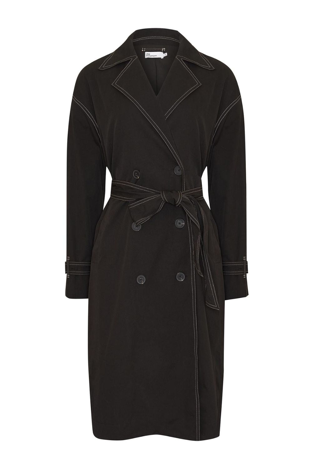 Agent Black Contrast Stitch Trench Coat for Women - Stylish Waterproof Long Coat with Belt - Perfect for Office, Travel & Fall Fashion