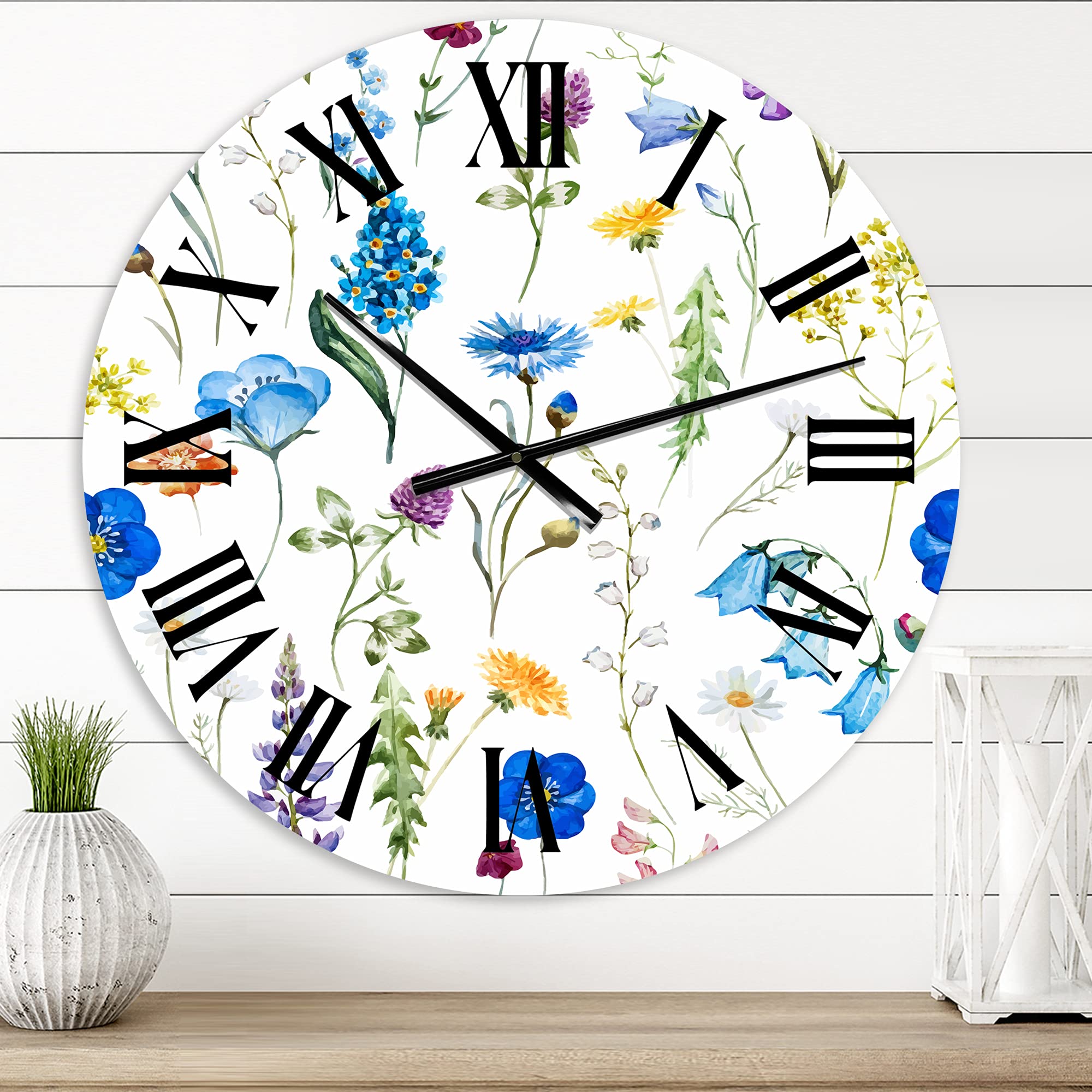 Blue Wild Flowers Traditional Wall Clock - Large Floral & Botanical Wall Decor for Living Room, Bedroom, Office | Perfect for Home, Farmhouse & Vintage Style Interior Design