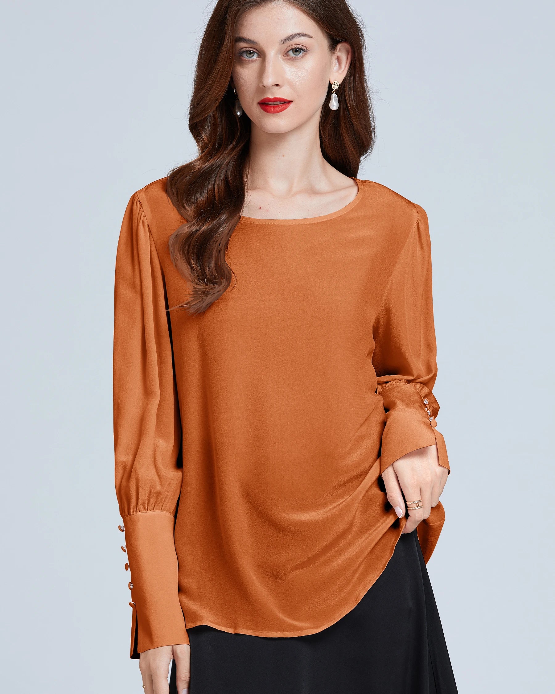 Women's Silk Blouse with Round Neck & Lantern Sleeves - Elegant Casual & Office Wear for Women