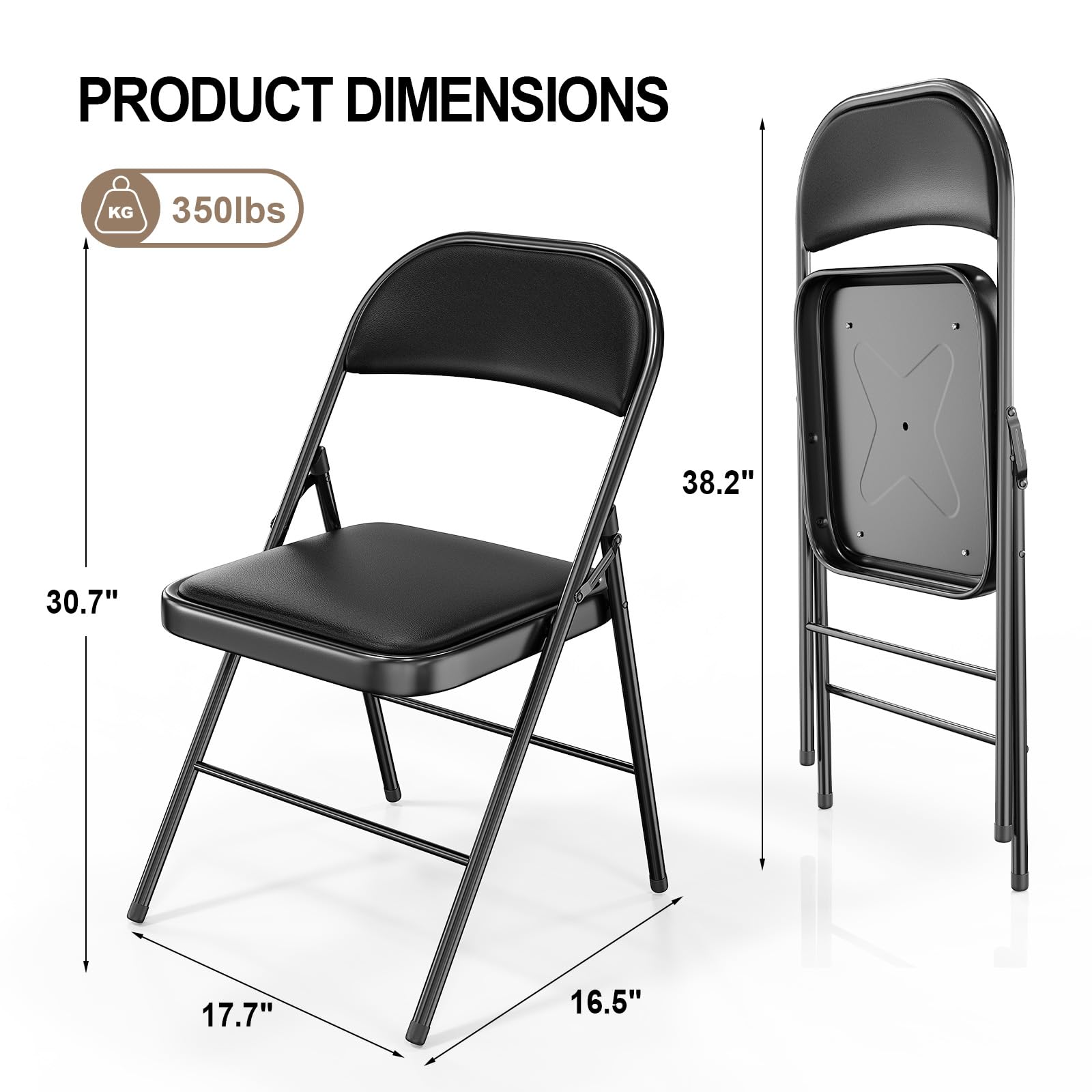 VINGLI 10 Pack Heavy Duty Folding Chairs with Padded Seats - 350 lbs Capacity Metal Frame PU Leather Chairs for Indoor Outdoor Events, Weddings, Parties, and Camping - Black