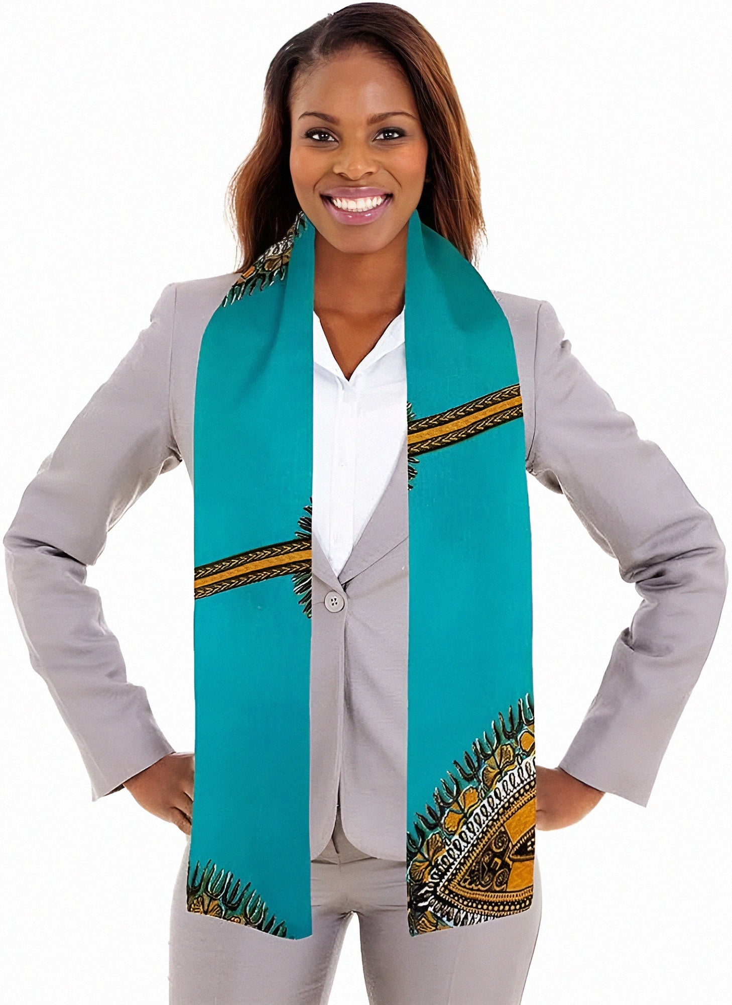 Dupsie's Zambezi Twilight Turquoise Blue Ankara African Print Sash Stole DP3769S - Elegant African Fashion Scarf for Women, Perfect for Weddings, Parties & Cultural Events