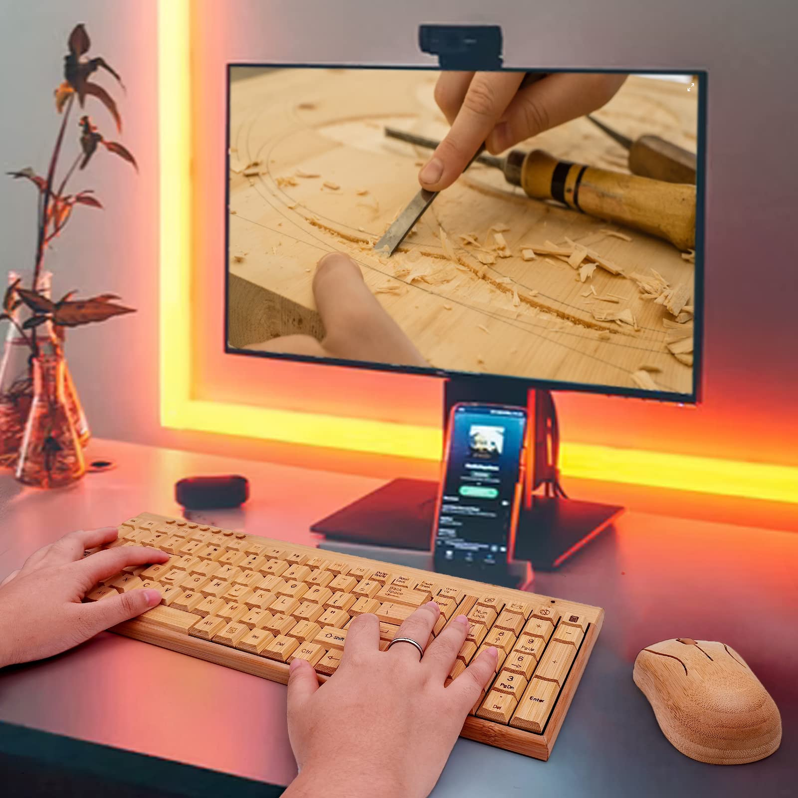 Premium Handcrafted Natural Bamboo Wireless Keyboard and Mouse Combo - 2.4GHz Ergonomic PC Set for Home & Office Use | Eco-Friendly Bamboo Wood Design for Comfortable Typing Experience