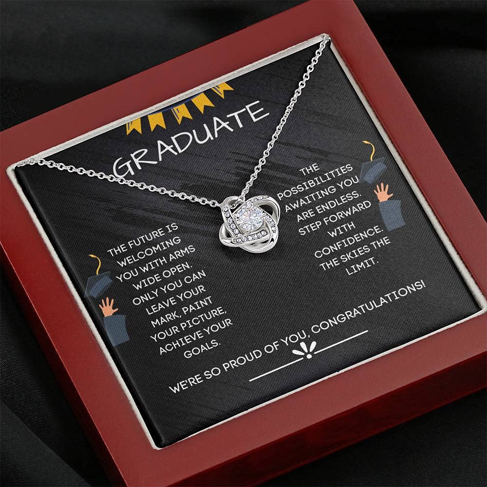 Tek Weh Graduate 2021 Love Knot Necklace - Inspirational Graduation Jewelry Gift for High School & College Seniors | Perfect Graduation Present, Senior Gift Idea for Women & Girls | Commencement, Achievement Celebration