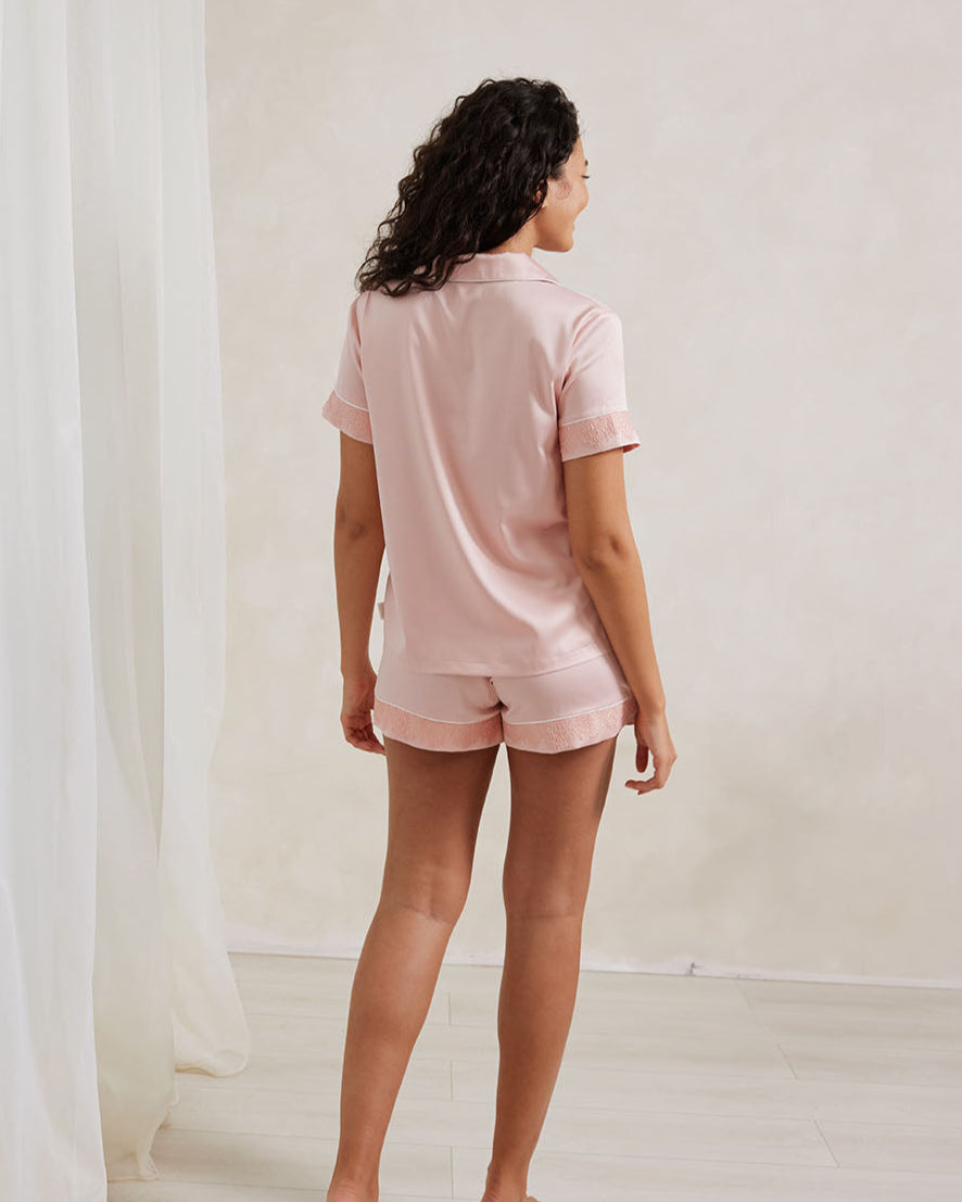 Satin Lace Trim Short Pajama Set - Soft Blush Pink Sleepwear for Women | Perfect for Summer Nights & Relaxing at Home