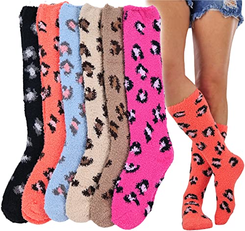 6 Pair Pack: Warm Plush Fuzzy Texture - Leopard Print