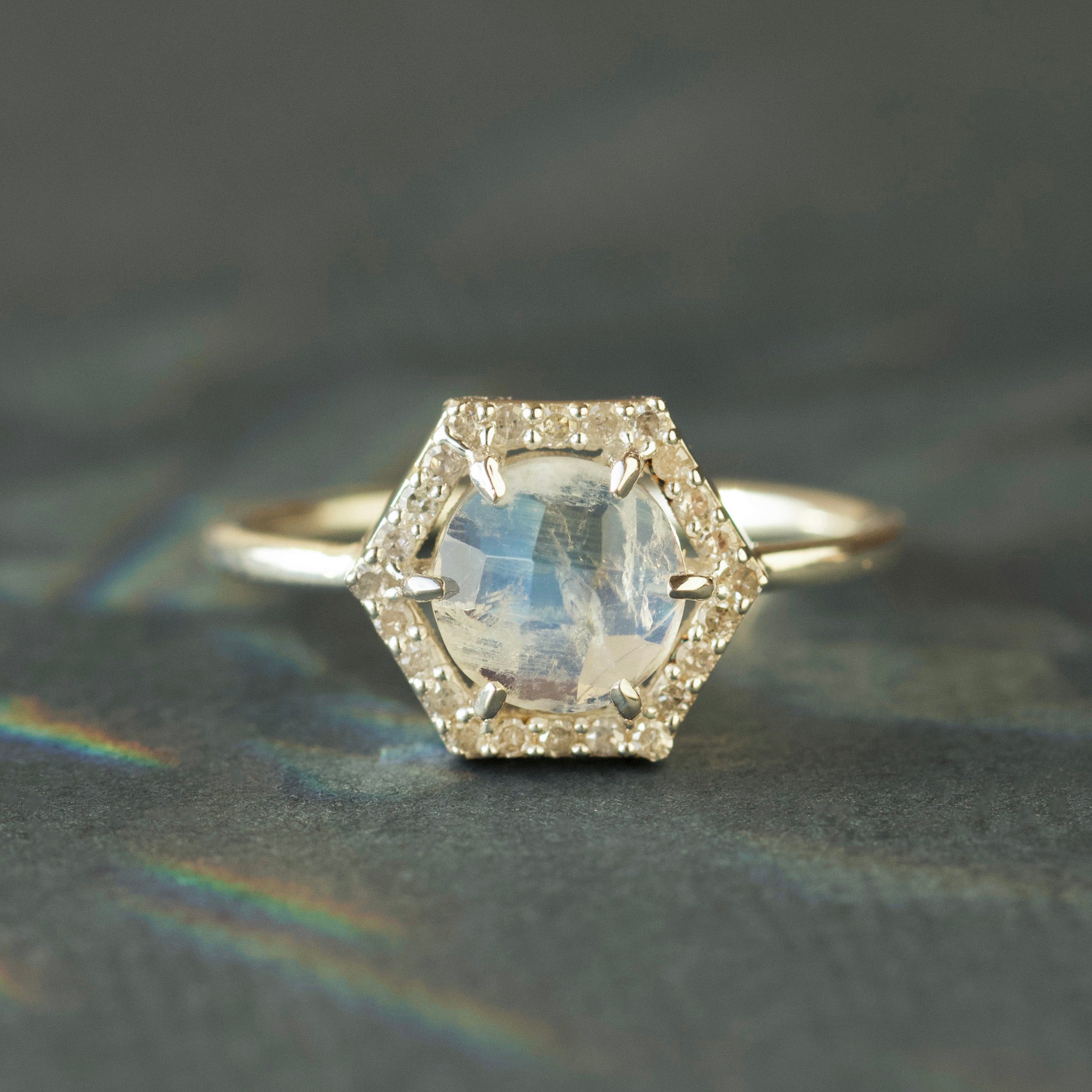 Moonstone & Diamond Hexagon Ring for Women - Elegant Vintage Jewelry for Engagement, Wedding, Anniversary & Special Occasions
